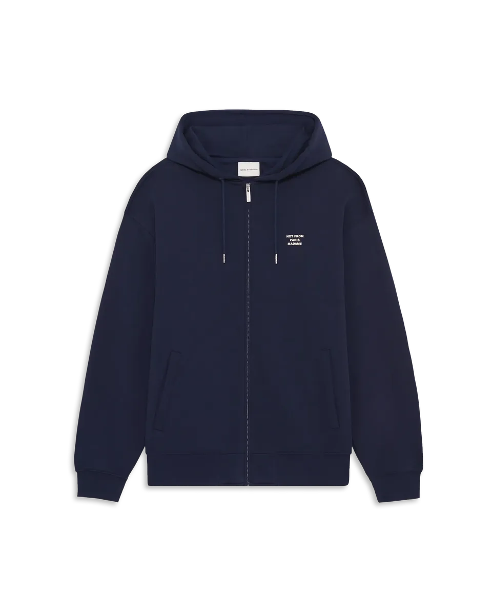 Drôle De Monsieur Slogan Zip Sweatshirt Hoodie Navy