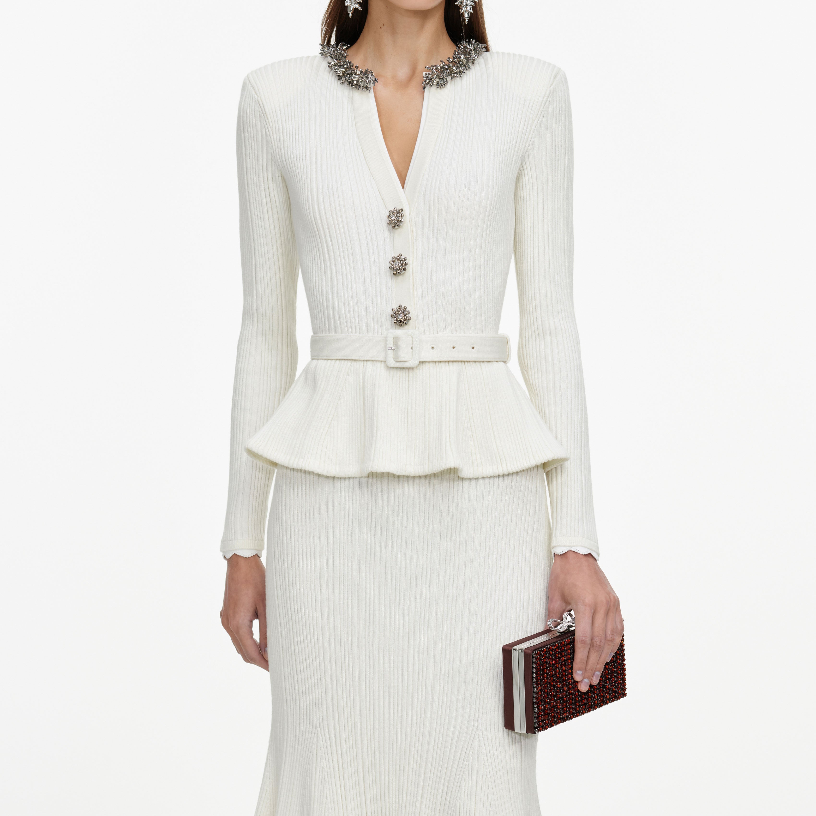 Self Portrait Cream Lurex Rib Knit Midi Kleid Creme Strick
