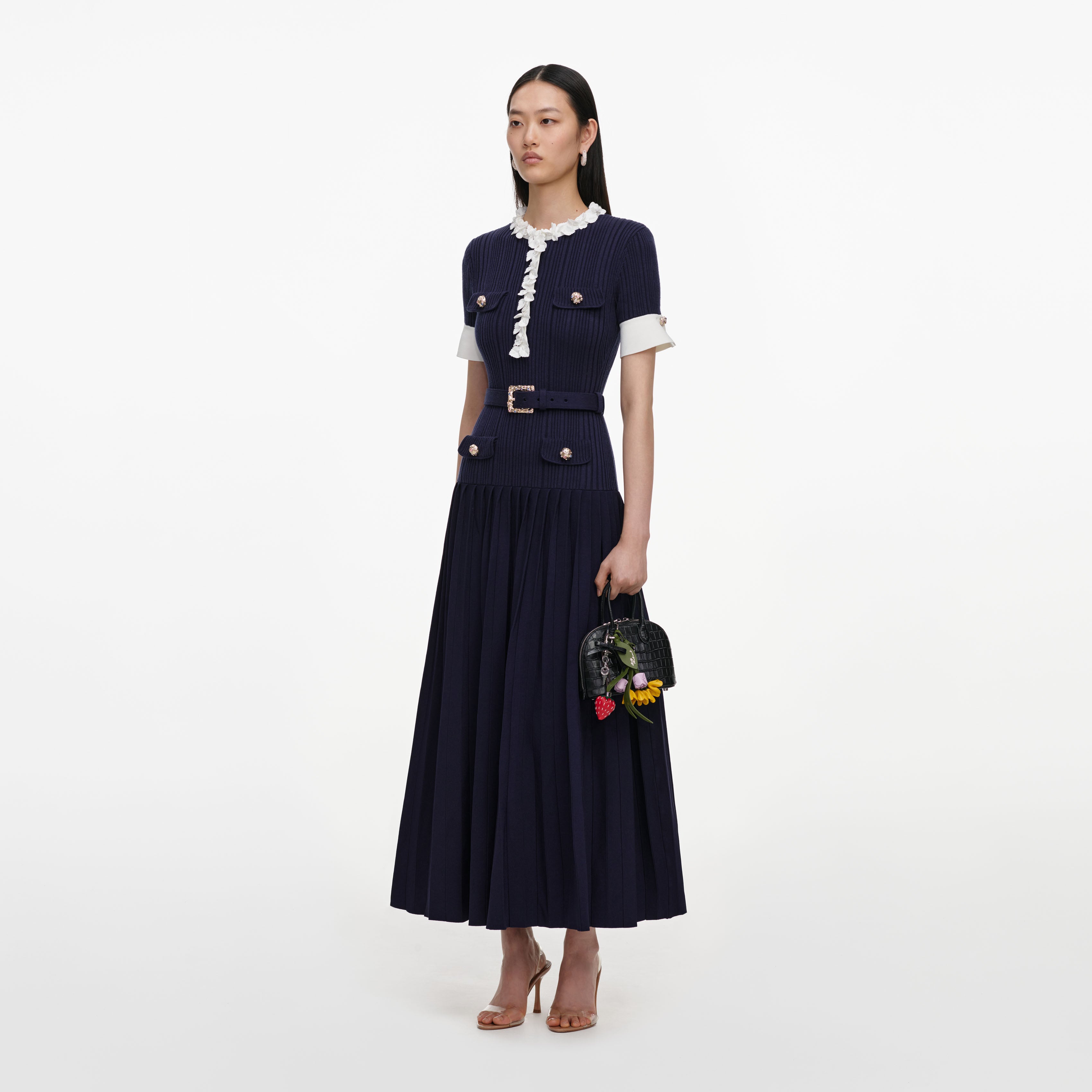 Self Portrait Navy Rib Knit Midi Dress Strickkleid Navy