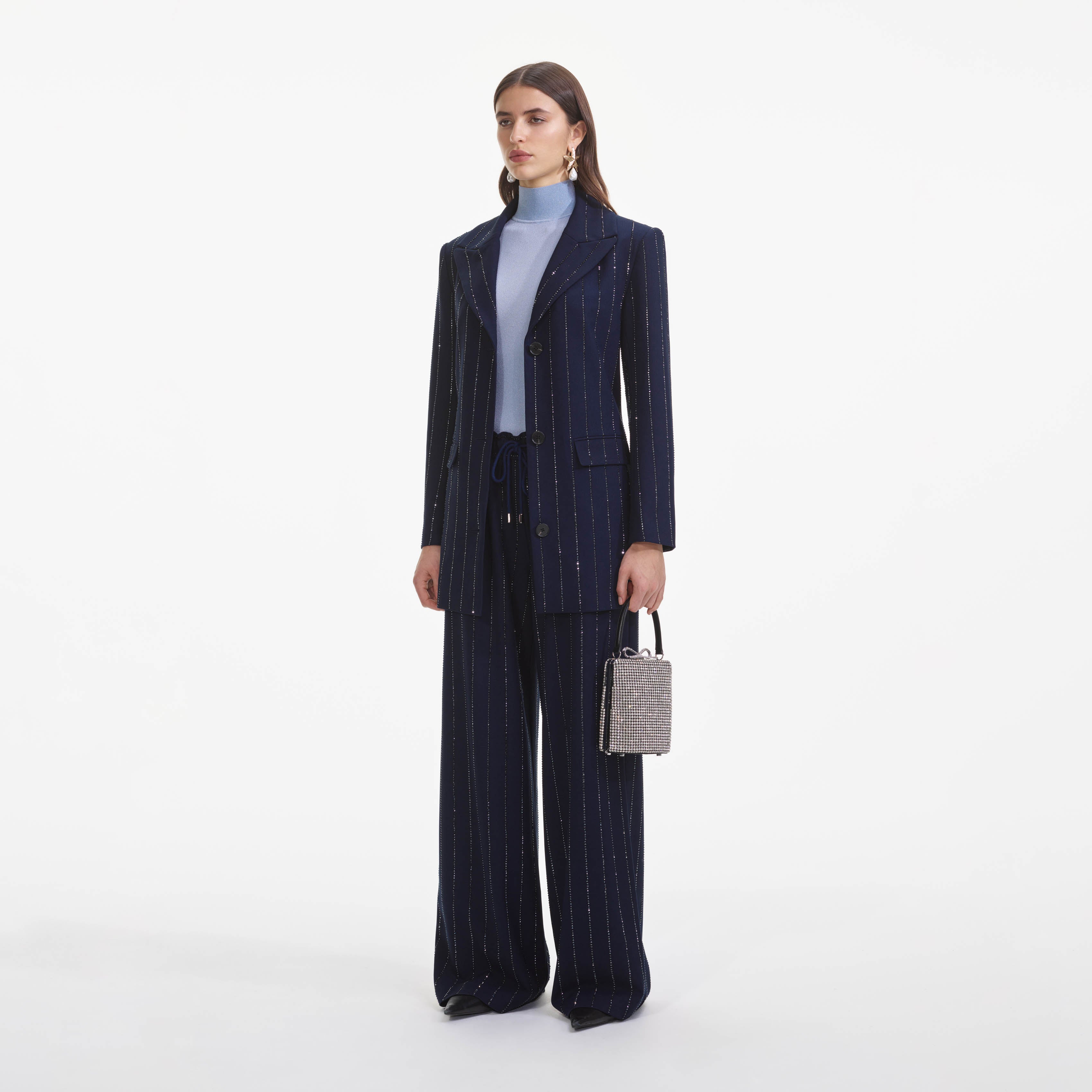 Self Portrait Pinstripe Hose Navy Strass UK 8 Crepe