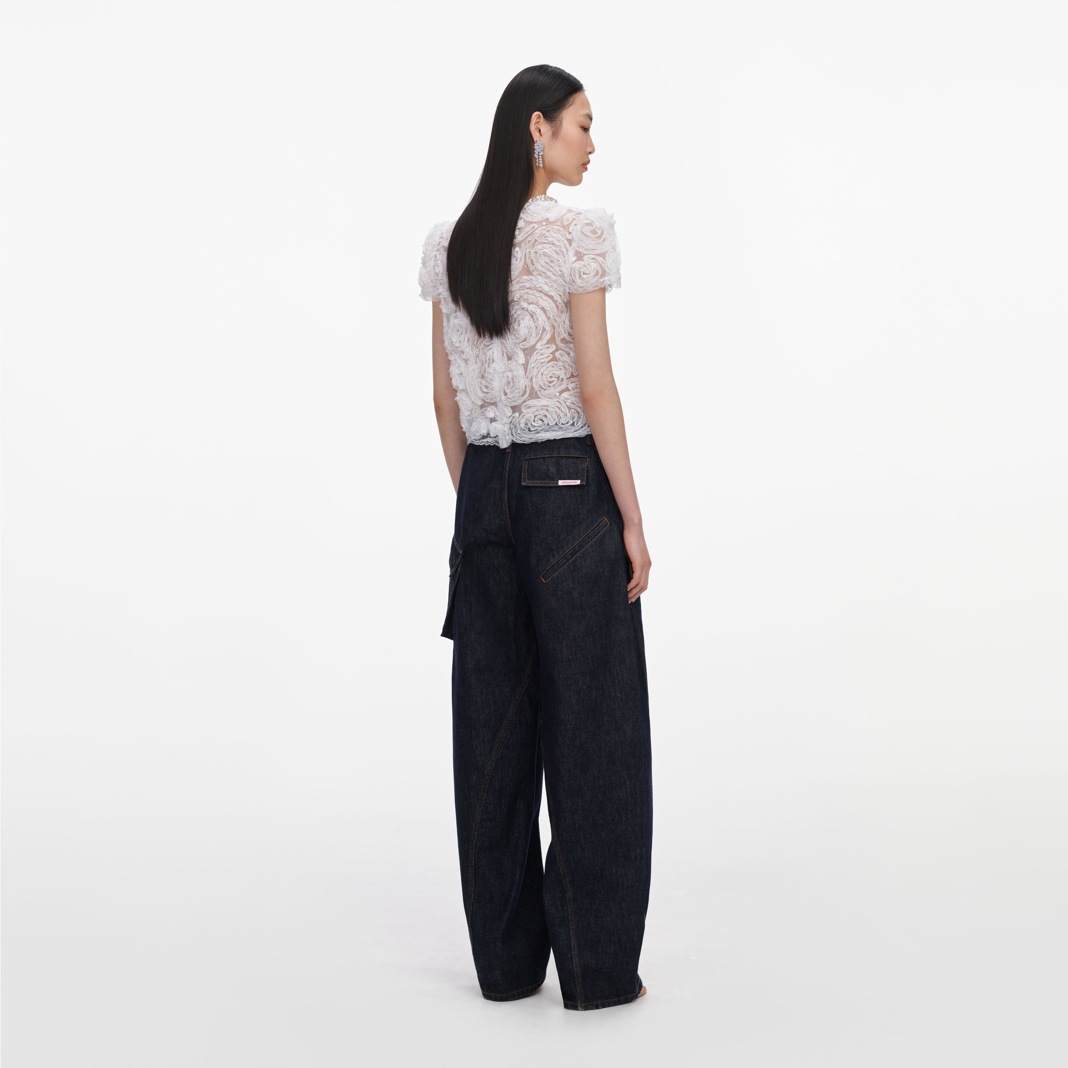 Self Portrait White Tulle Lace Top Weiß Perlen