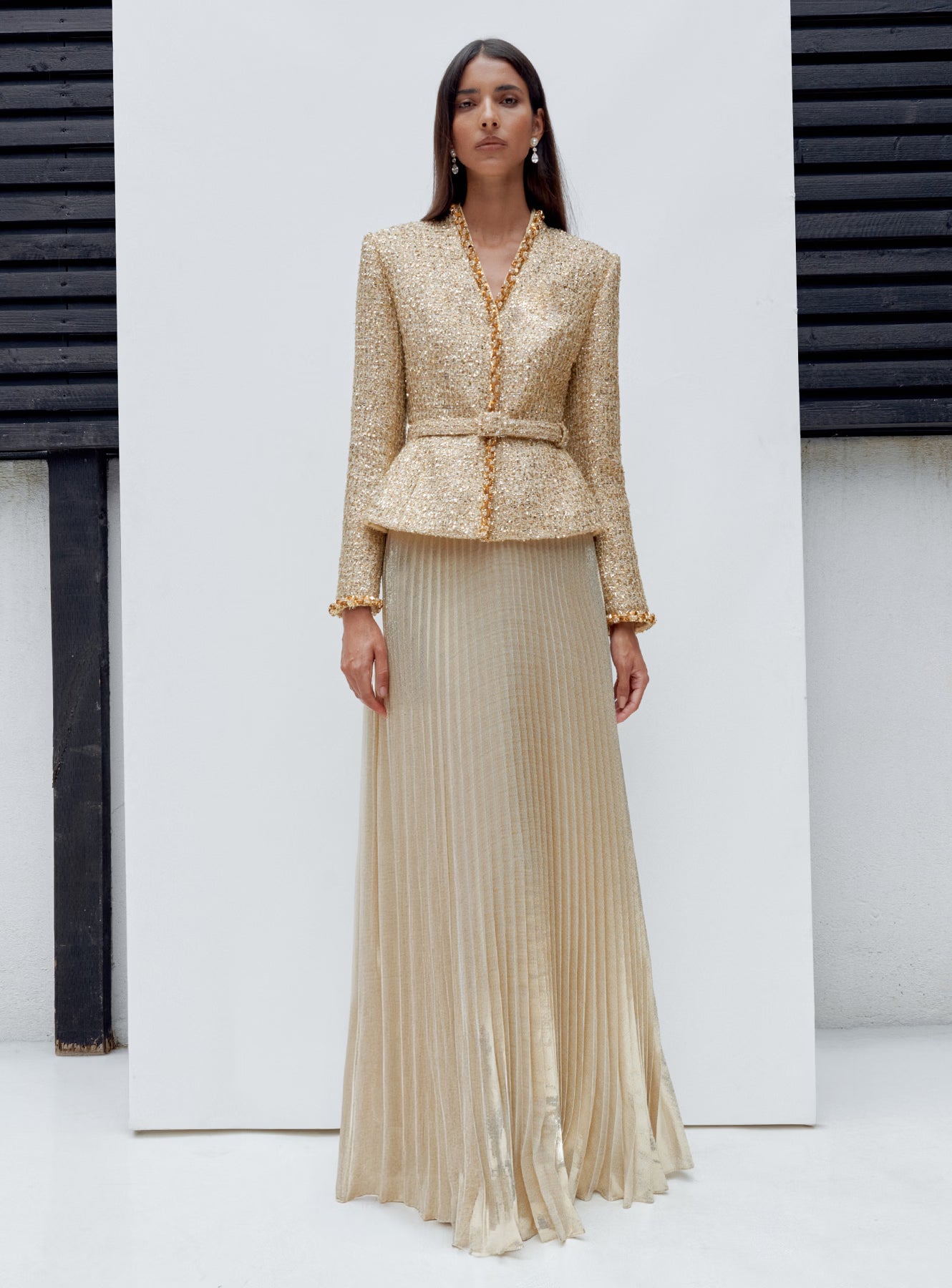 Self Portrait Boucle Maxikleid Gold Plissiert 2-in-1
