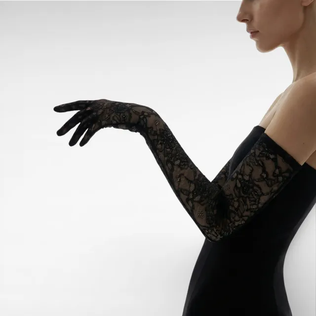 Gedebe Lace Gloves Spitzenhandschuhe Größe M Kristall 35cm