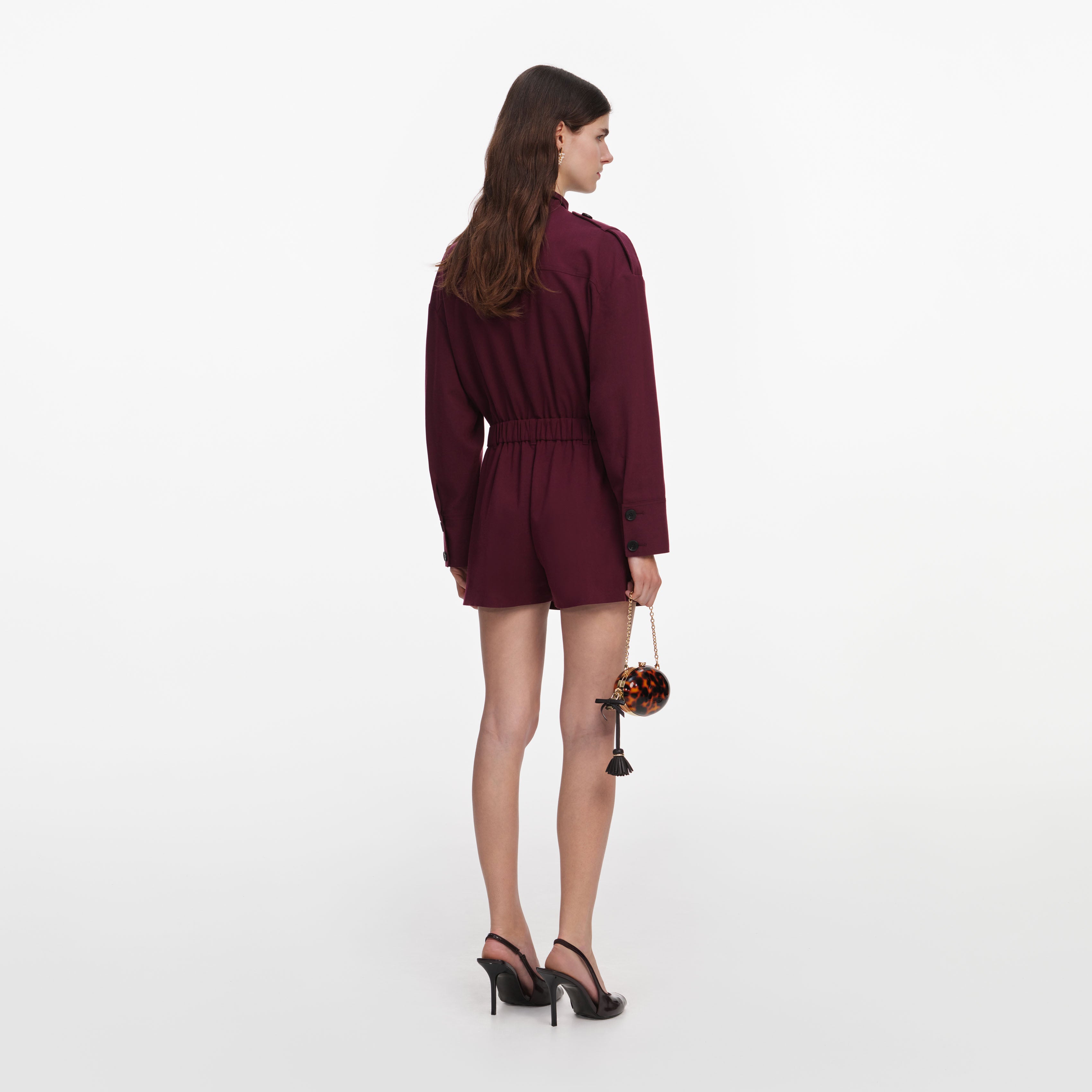 Self Portrait Plum Twill Tie Neck Playsuit Jumpsuit Burgundy