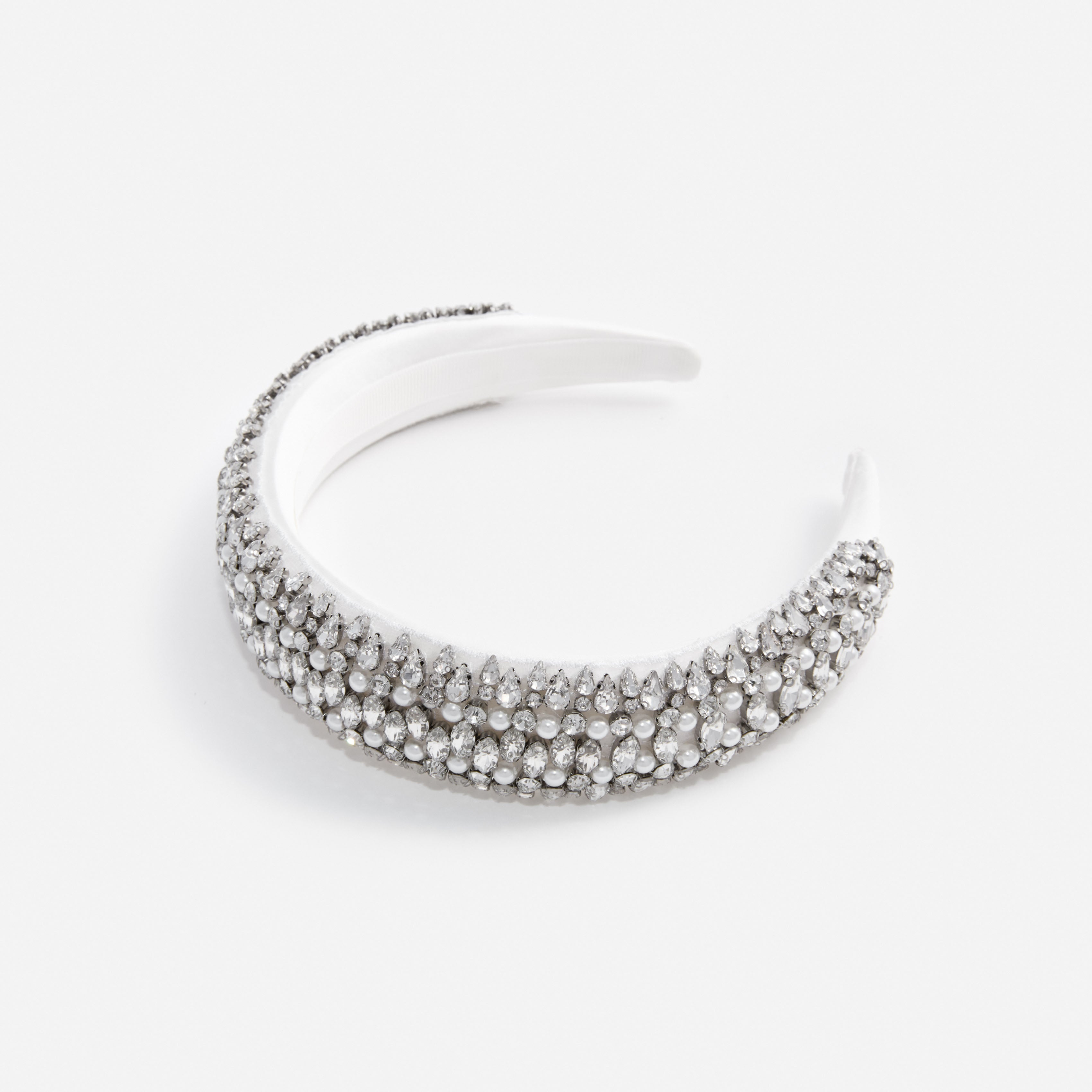 Self Portrait Pearl Crystal Satin Headband creme