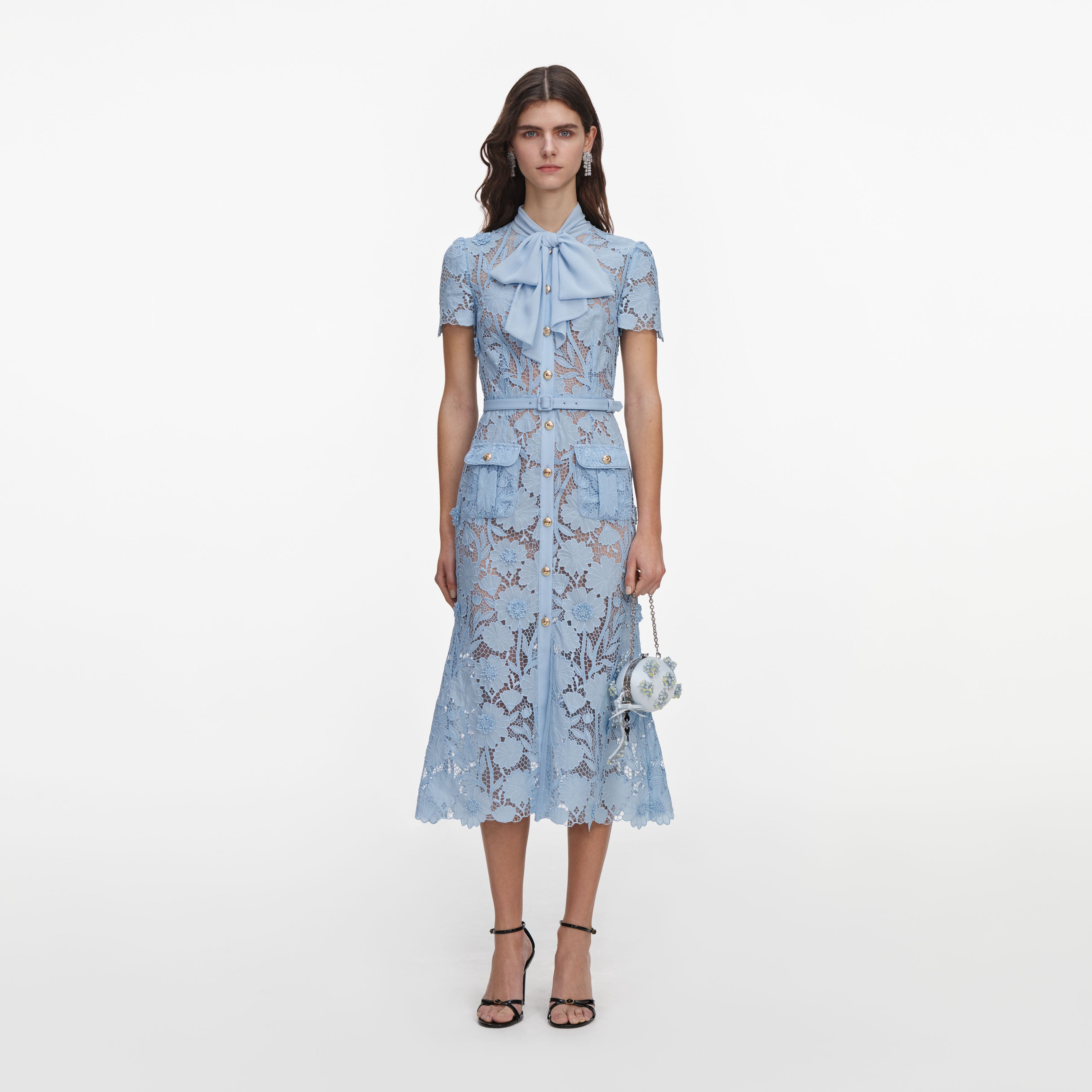 Self Portrait Blue Lace Tie Neck Midi Dress Kleid Hellblau UK 6