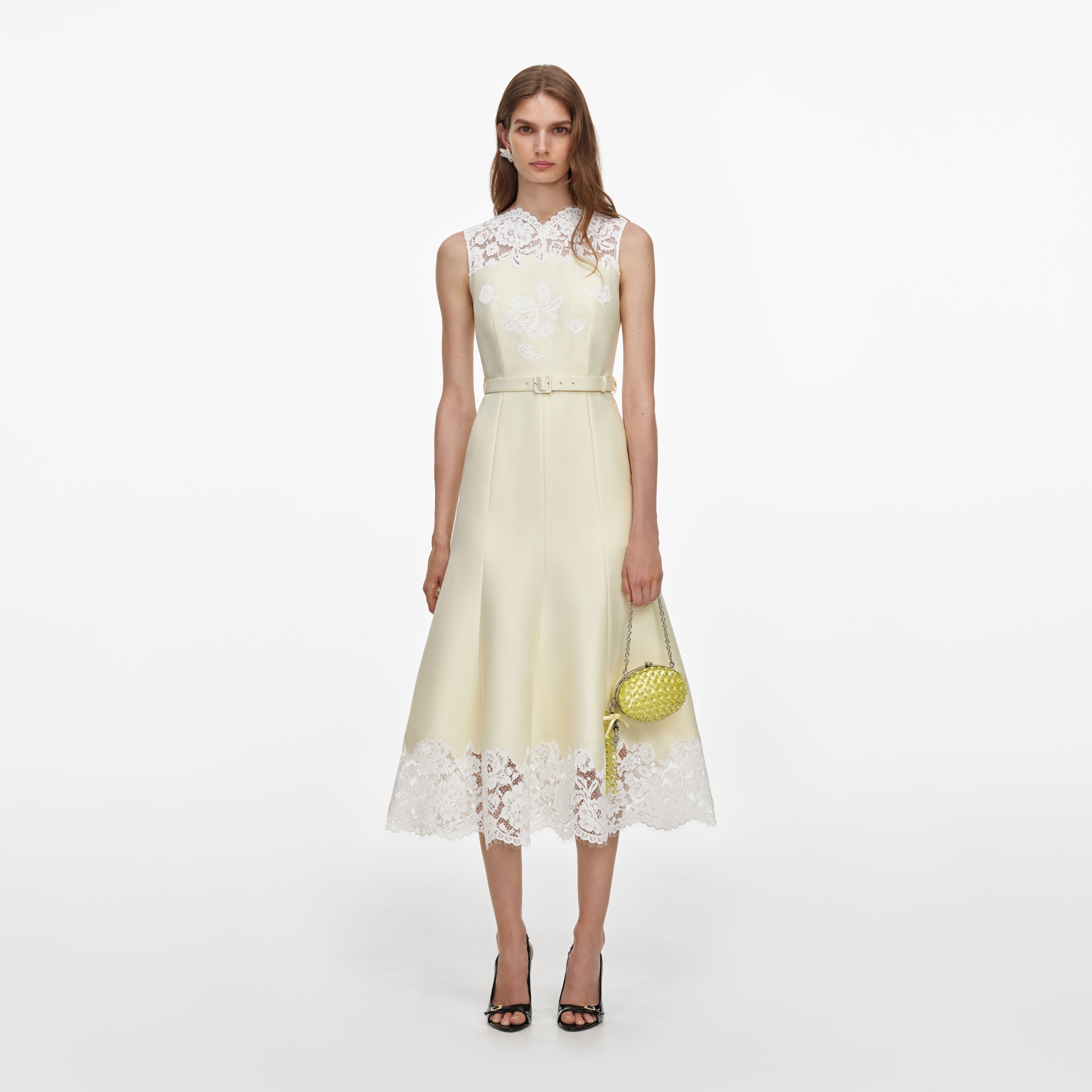 Self Portrait Yellow Taffeta Lace Midikleid Gelb Taft