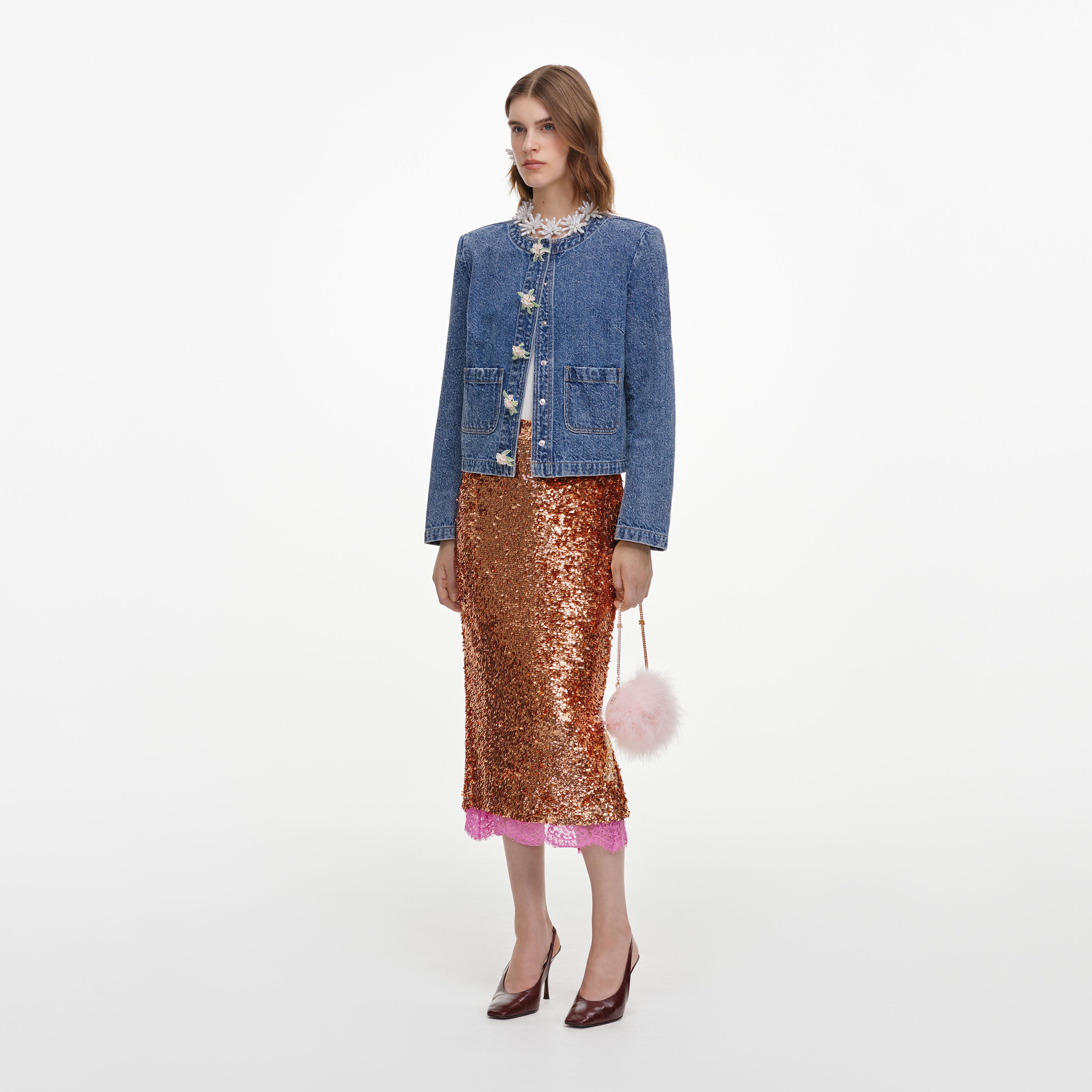 Self Portrait Textured Denim Jacket Jeansjacke blau