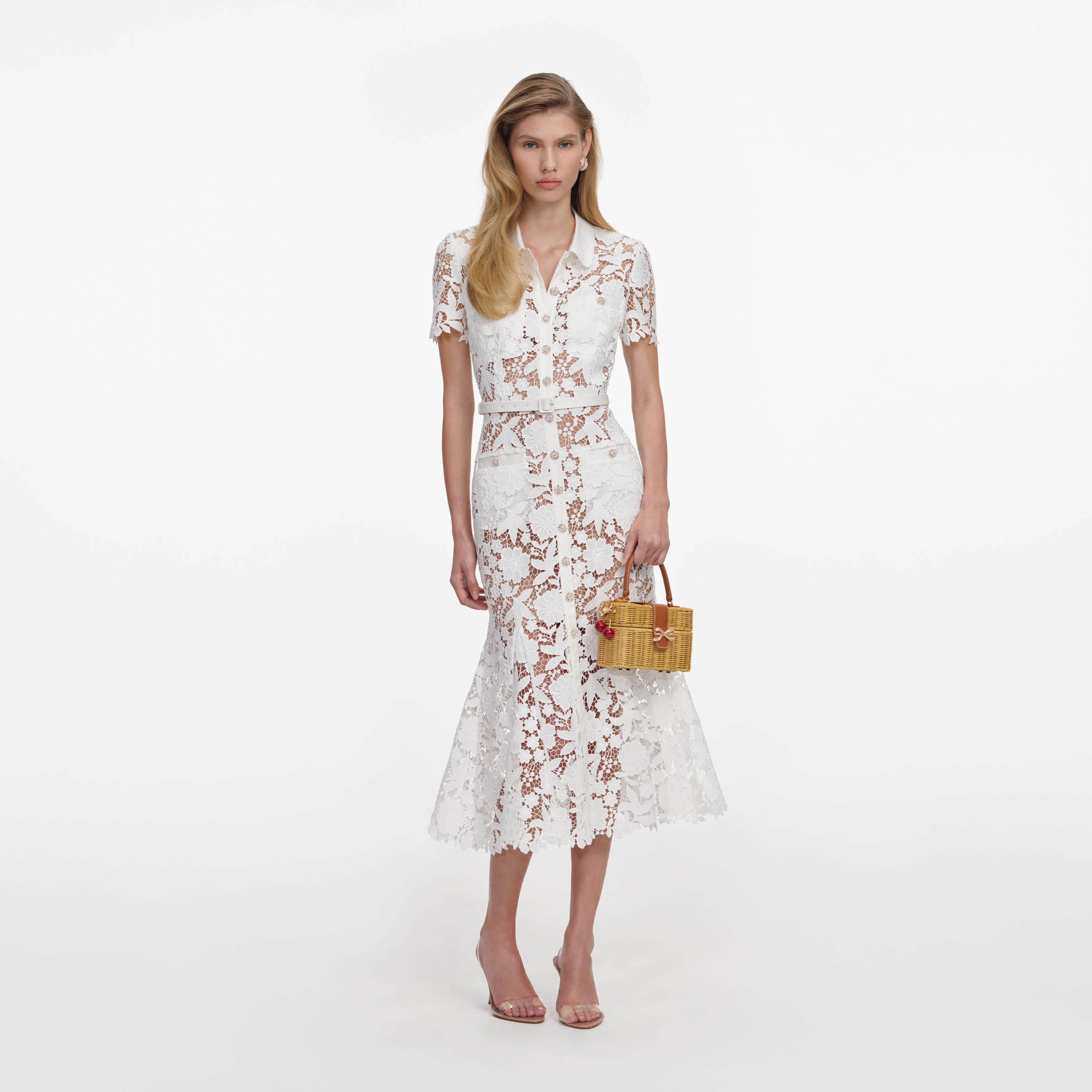 Self Portrait White Lace Collared Midi Dress Spitze Weiß