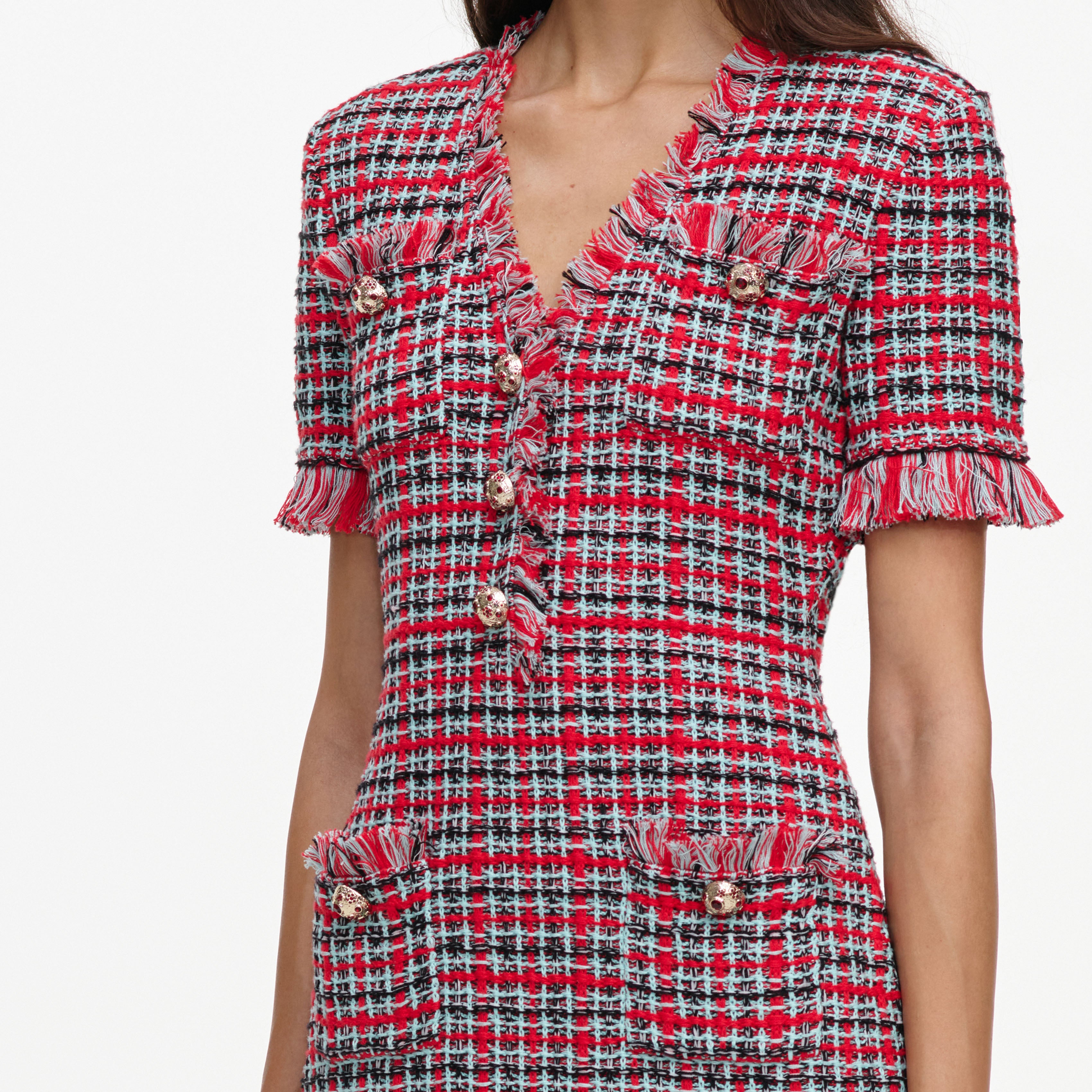 Self Portrait Check Strick Minikleid Rot S Fransen