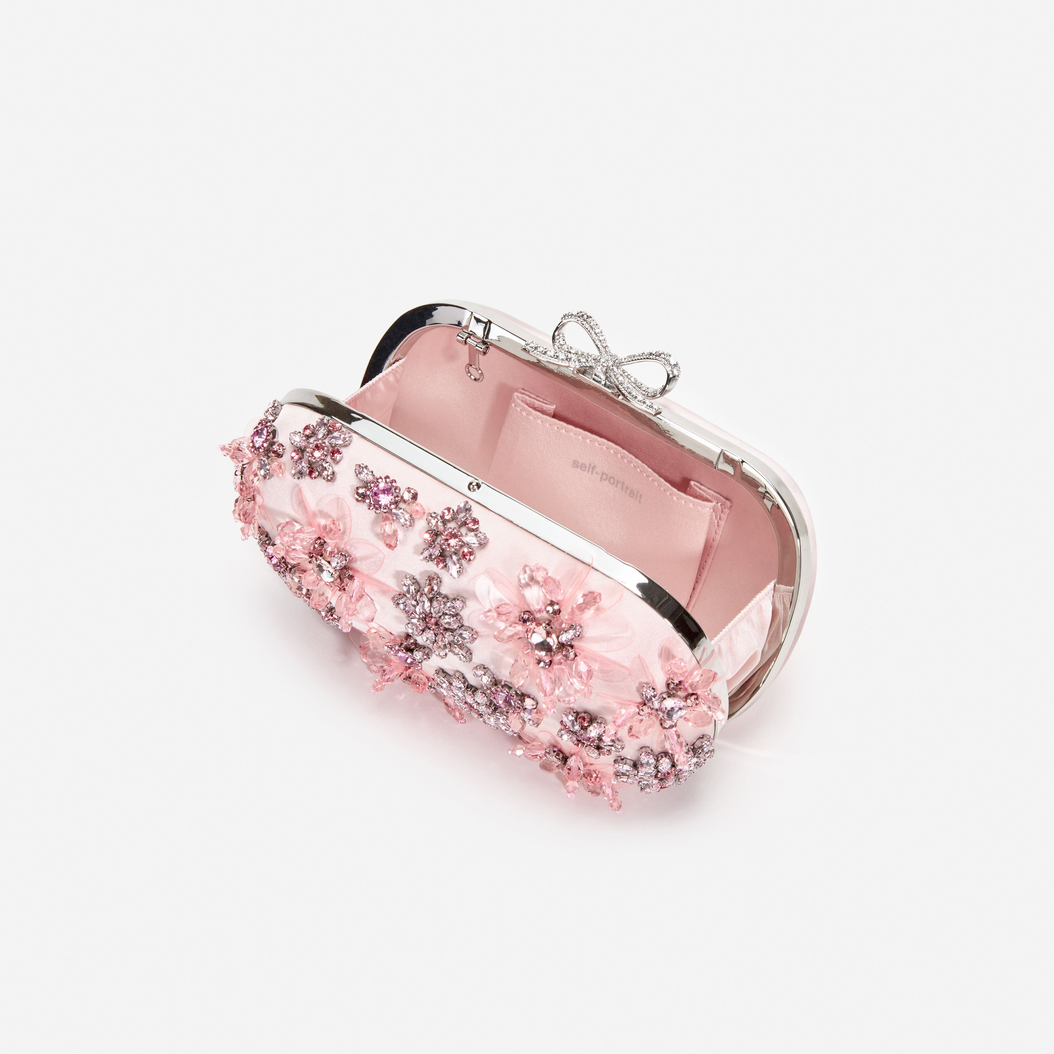 Self Portrait Pink Satin Floral Crystal Clutch Rosa