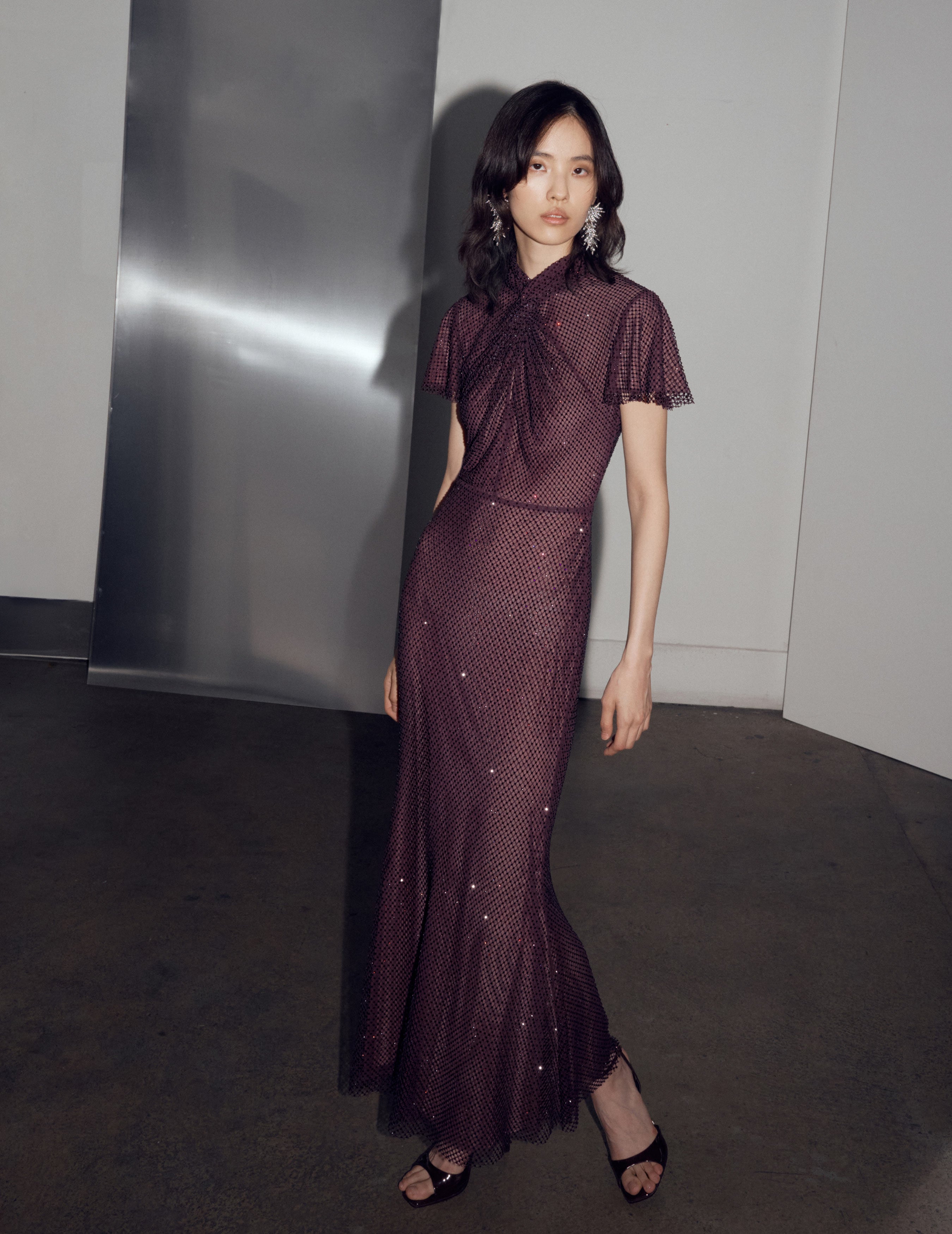 Self Portrait Burgundy Rhinestone Fishnet Midi Kleid Bordeaux