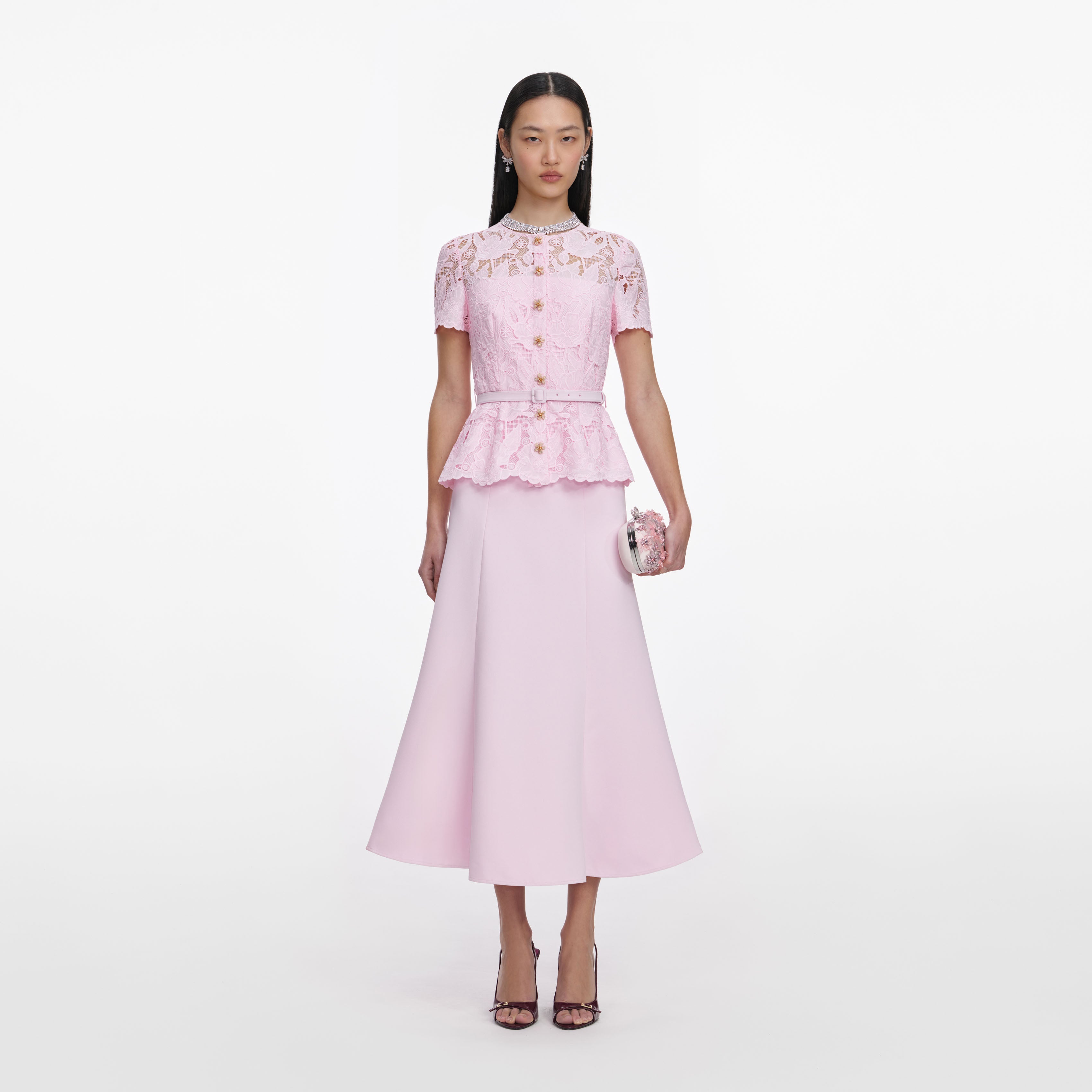 Self Portrait Pink Lace Crepe Midi Dress Midikleid UK6