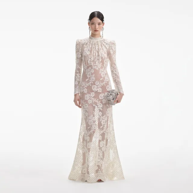Self Portrait White Rhinestone Lace Maxi Kleid Weiß Strass
