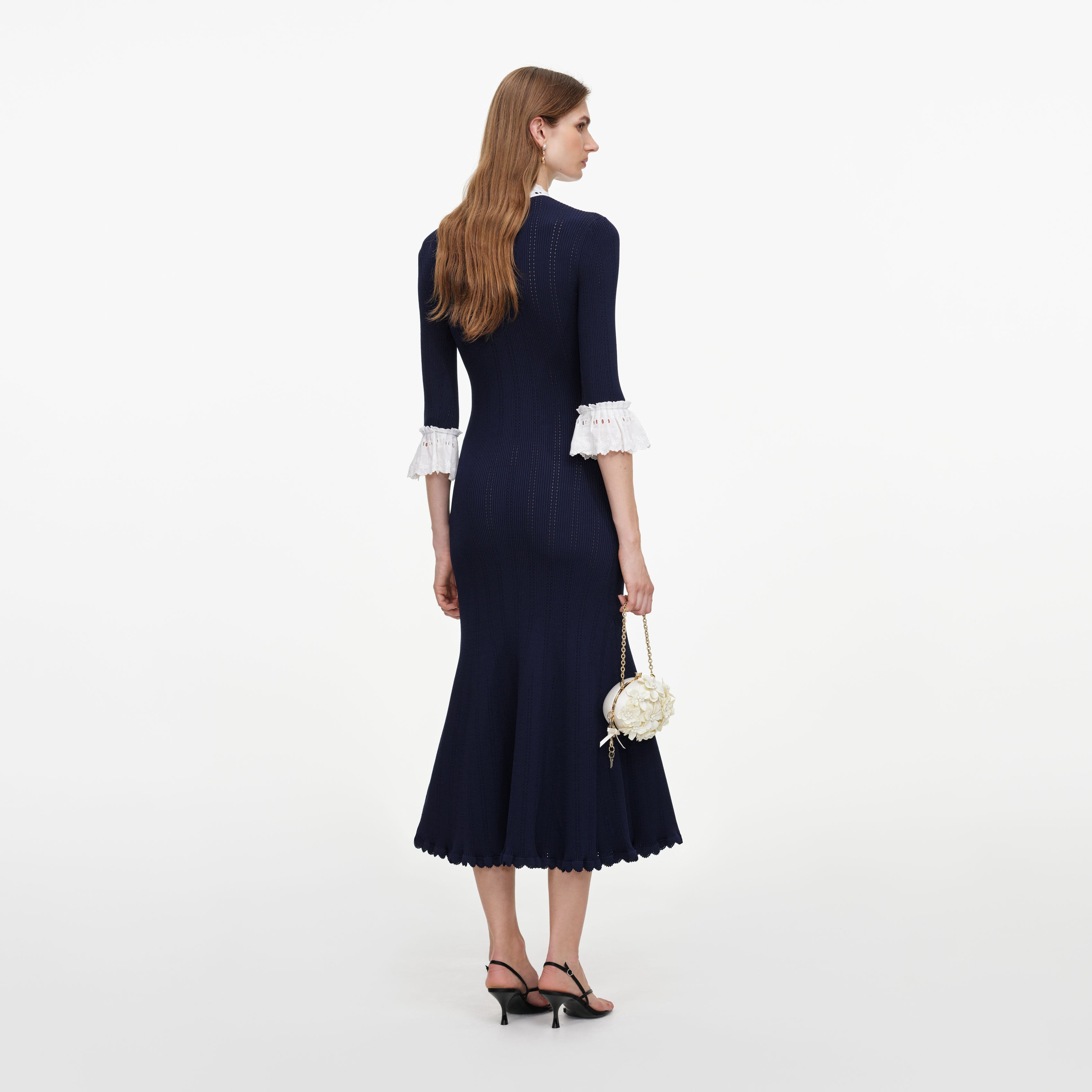 Self Portrait Navy Pointelle Midi Strickkleid Blau Spitze