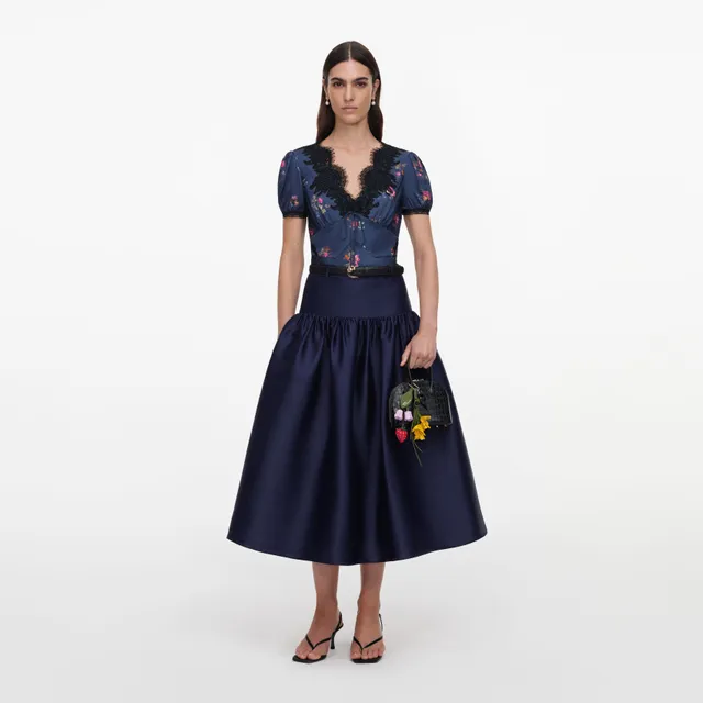 Self Portrait Navy Taffeta Midi Rock Blau Taft