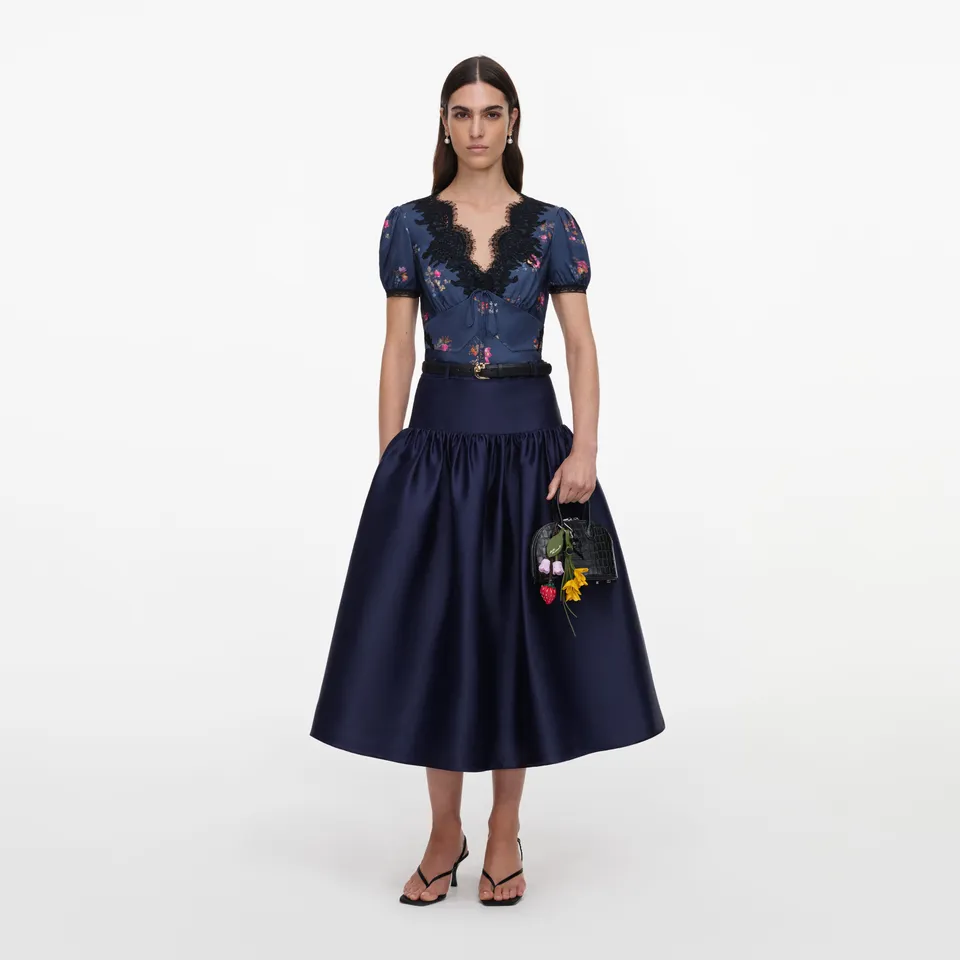 Self Portrait Navy Taffeta Midi Rock Blau Taft