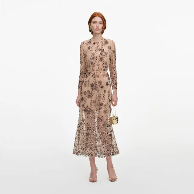 Self Portrait Beige Sequin Midi Kleid Pailletten Abendkleid