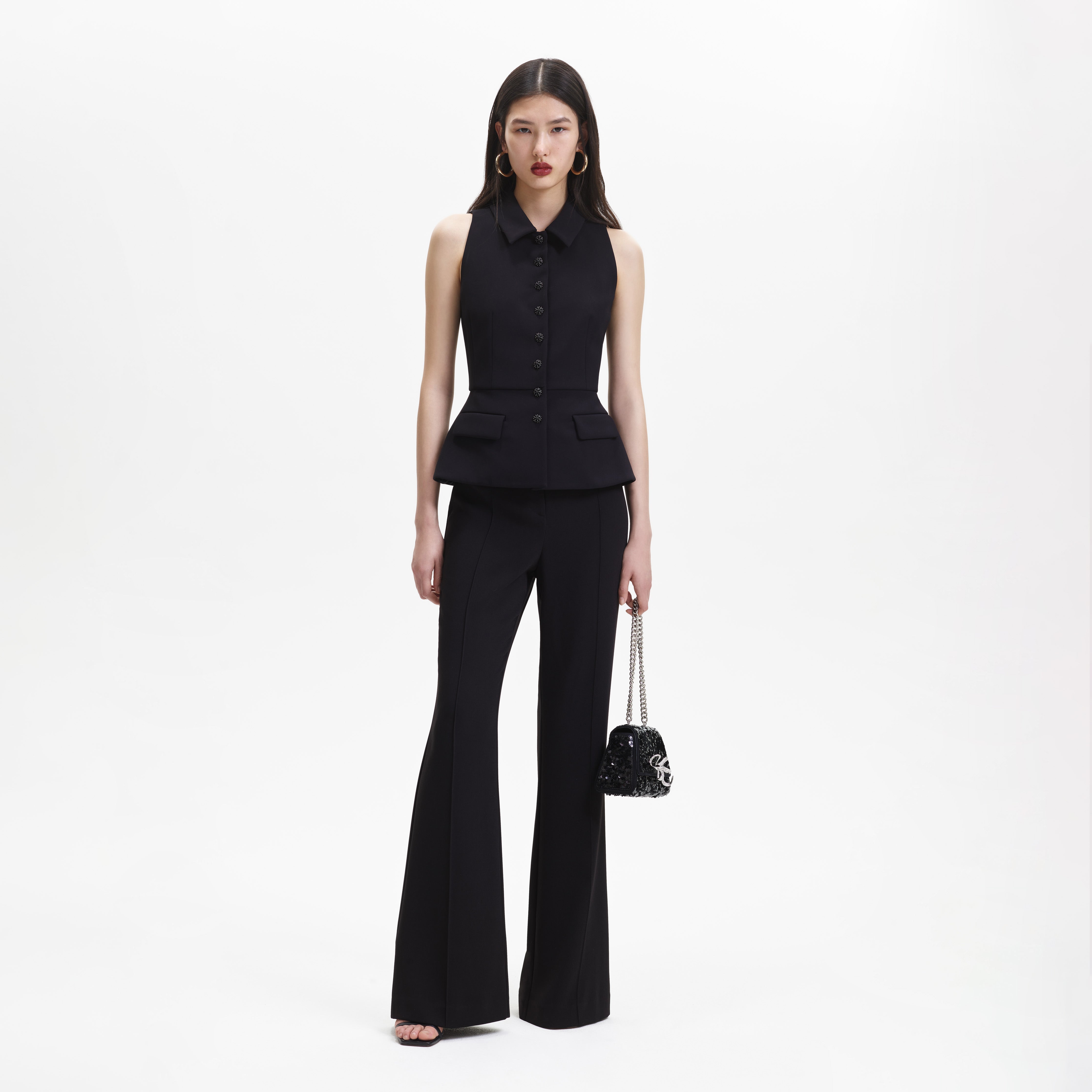 Self-Portrait Black Tailored Jumpsuit Schwarz Crepe Kragen