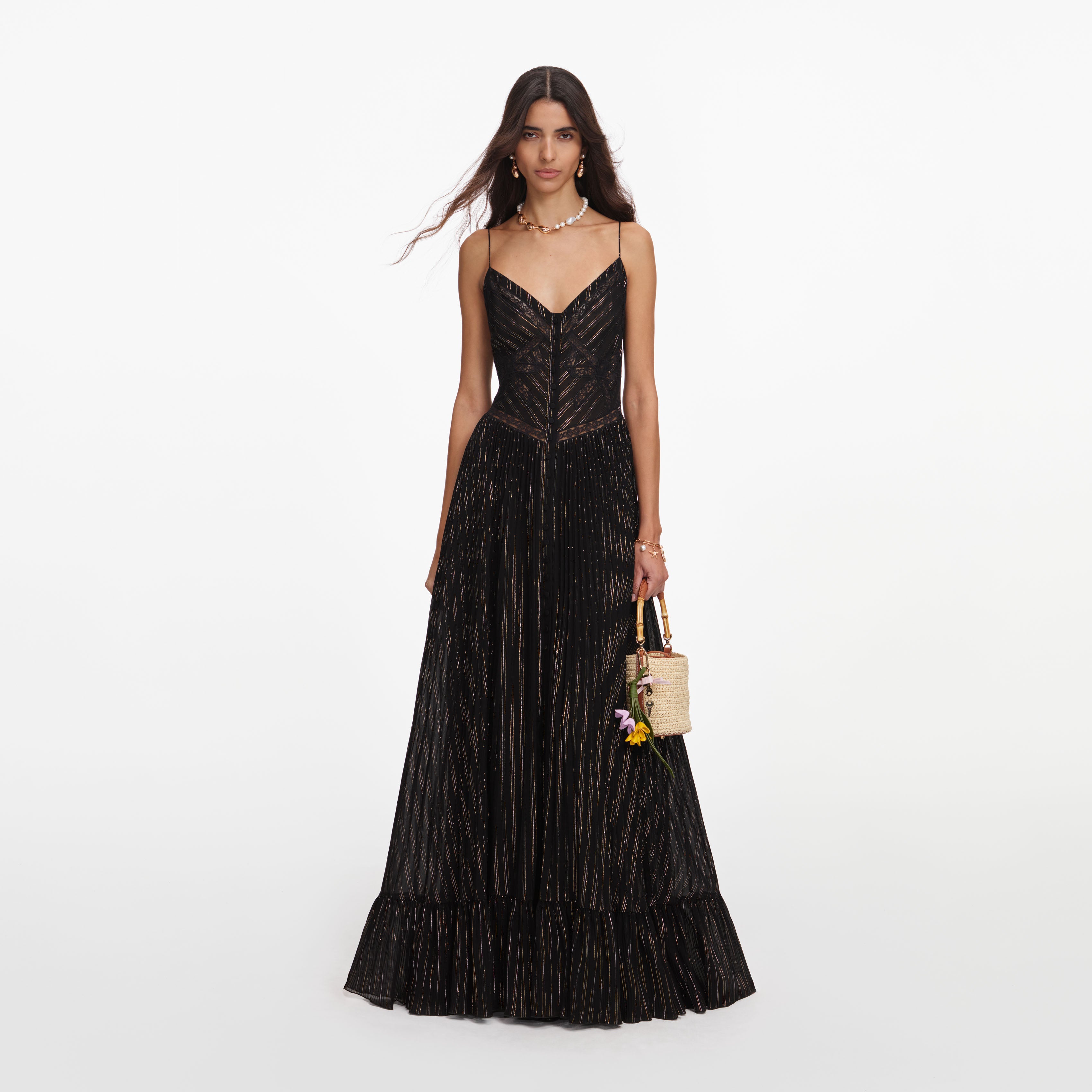 Self Portrait Lurex Stripe Pleated Maxikleid Schwarz