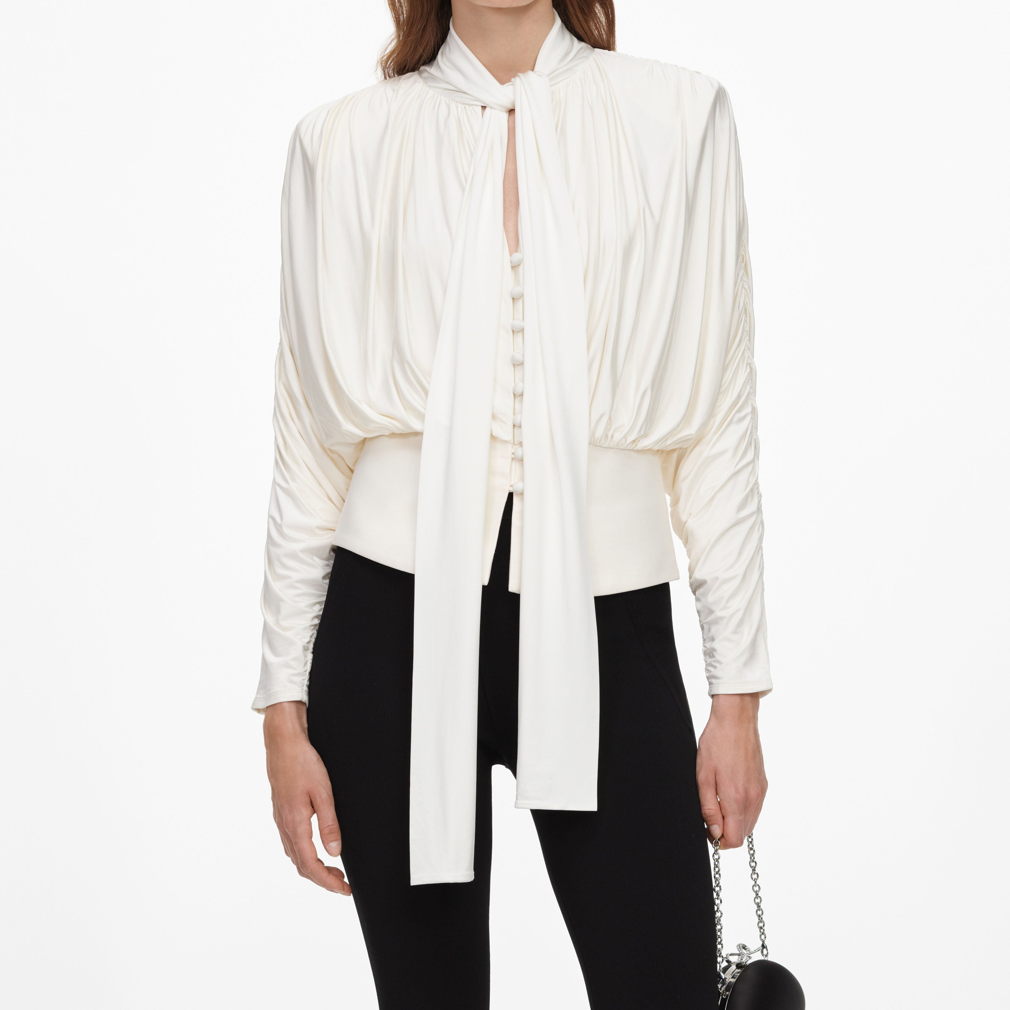 Self Portrait Cream Tie Neck Jersey Top Creme Viskose