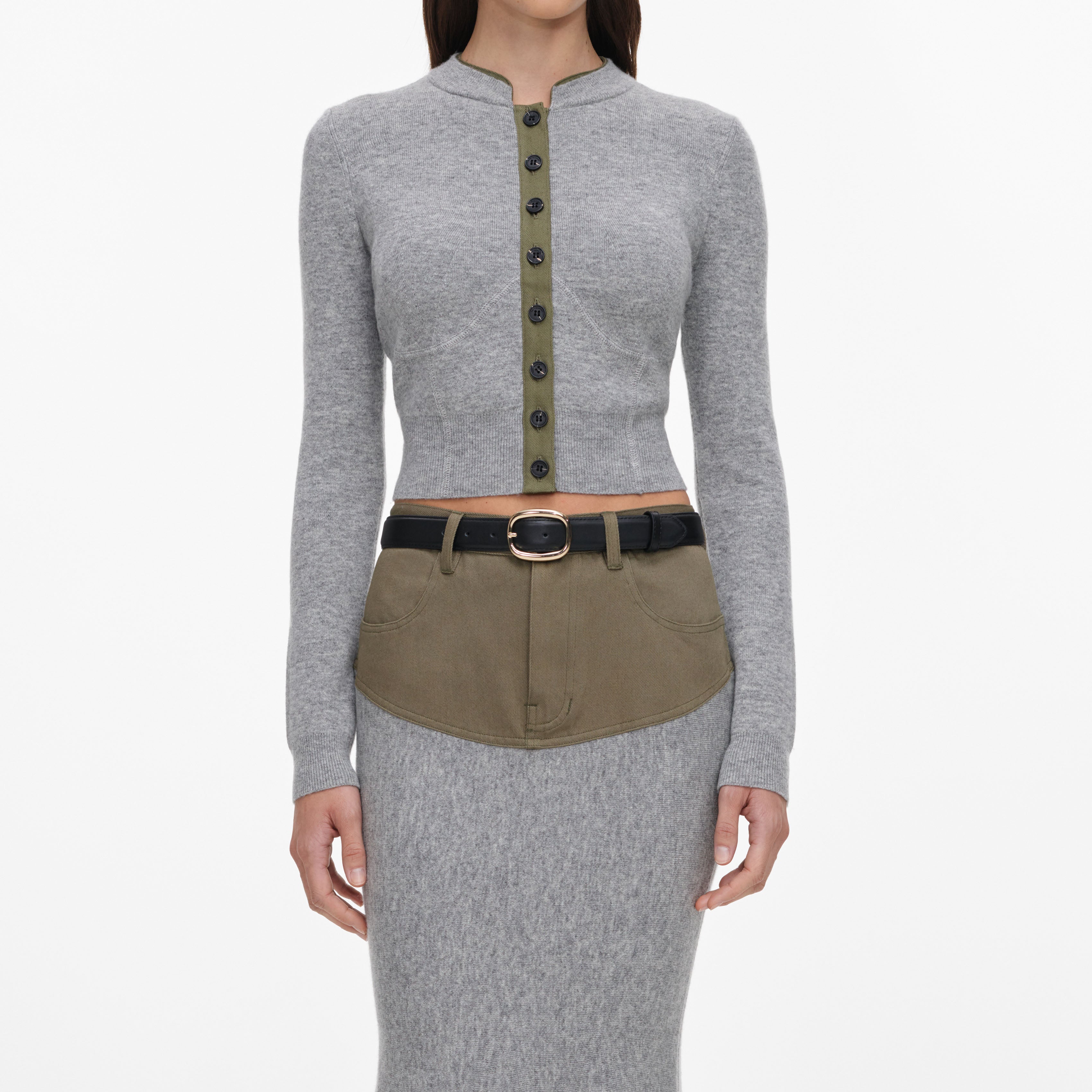 Self Portrait Denim Grey Knit Khaki Denim Insert Midi Rock mit Gürtel