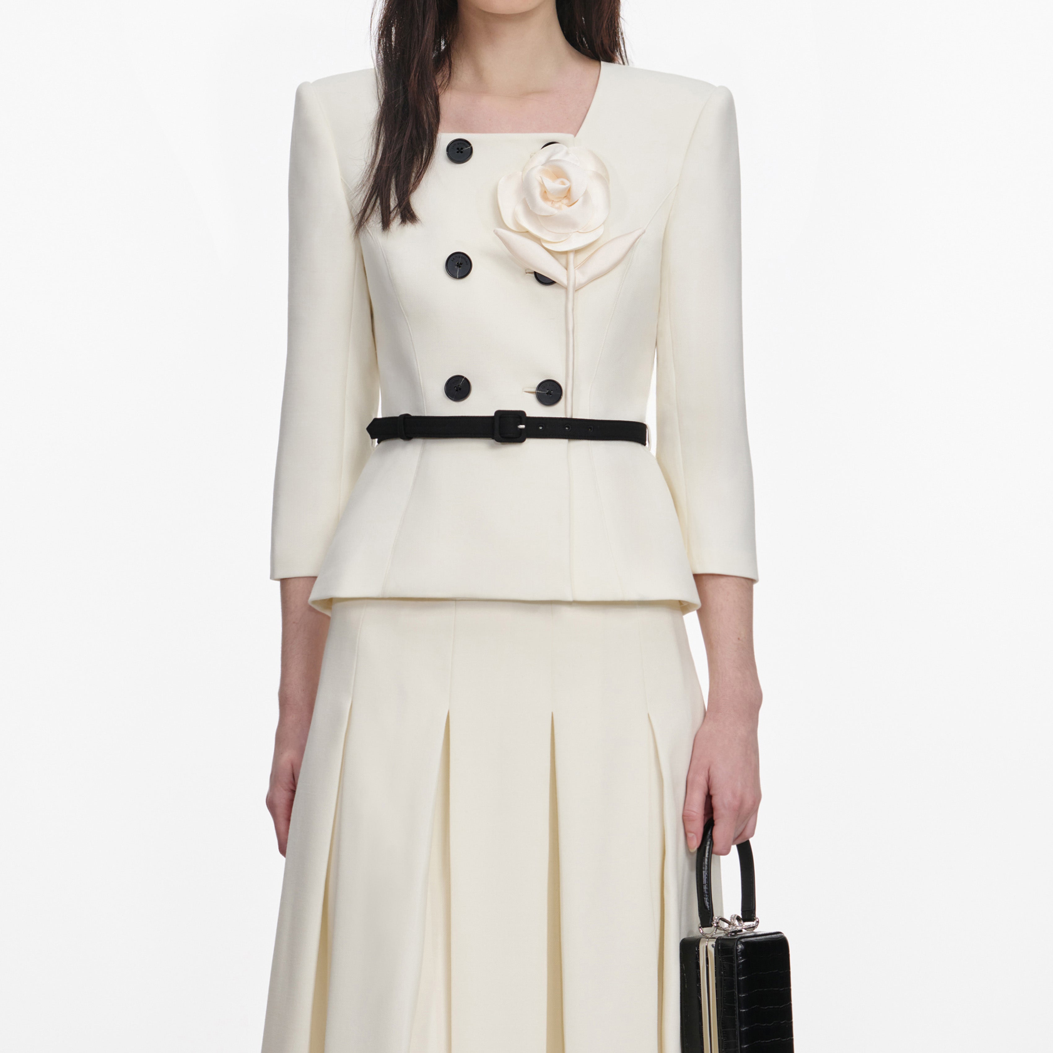 Self Portrait 3D Flower Midi-Kleid Creme Wolle