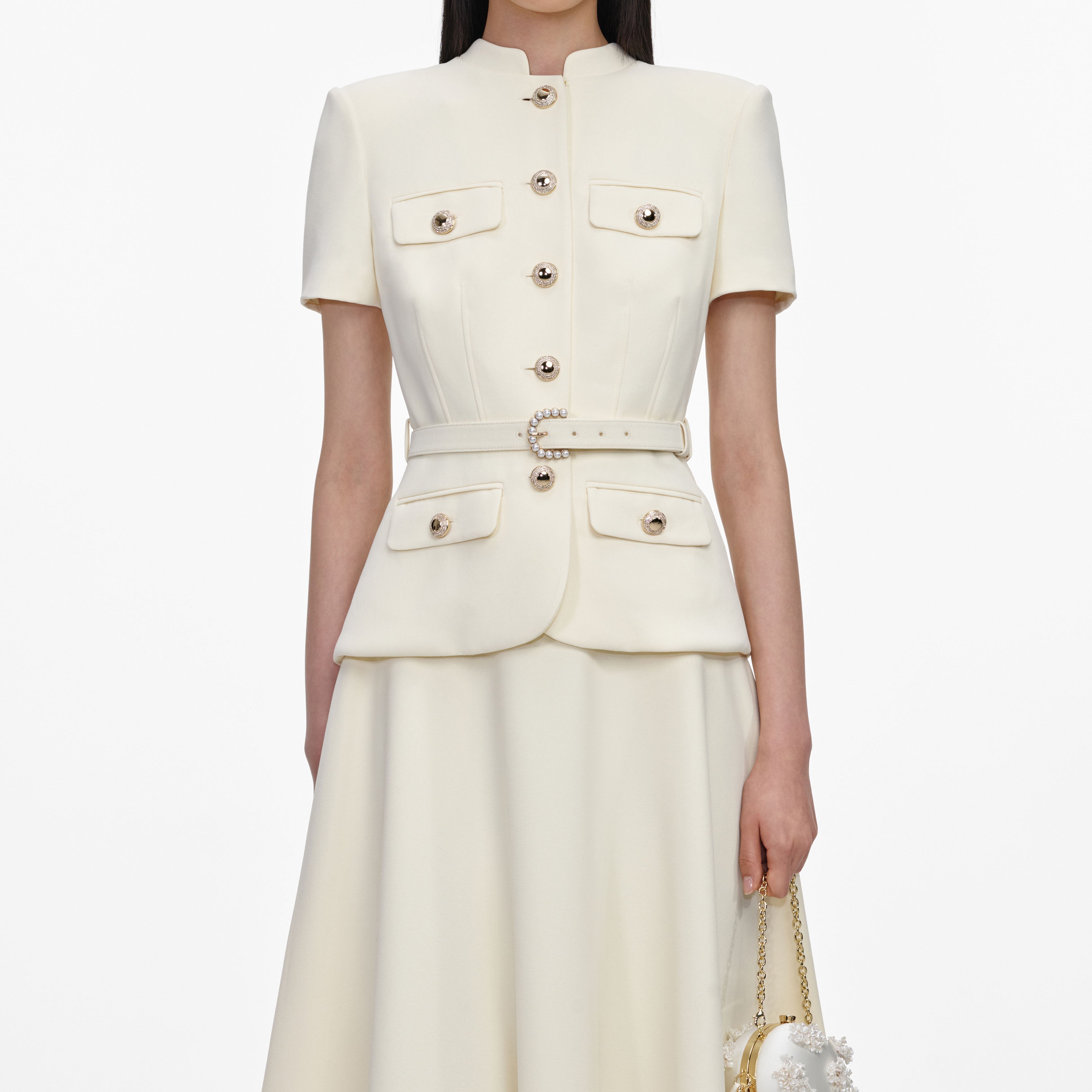 Self Portrait Gelbes Crepe Midikleid mit Gürtel Taschen