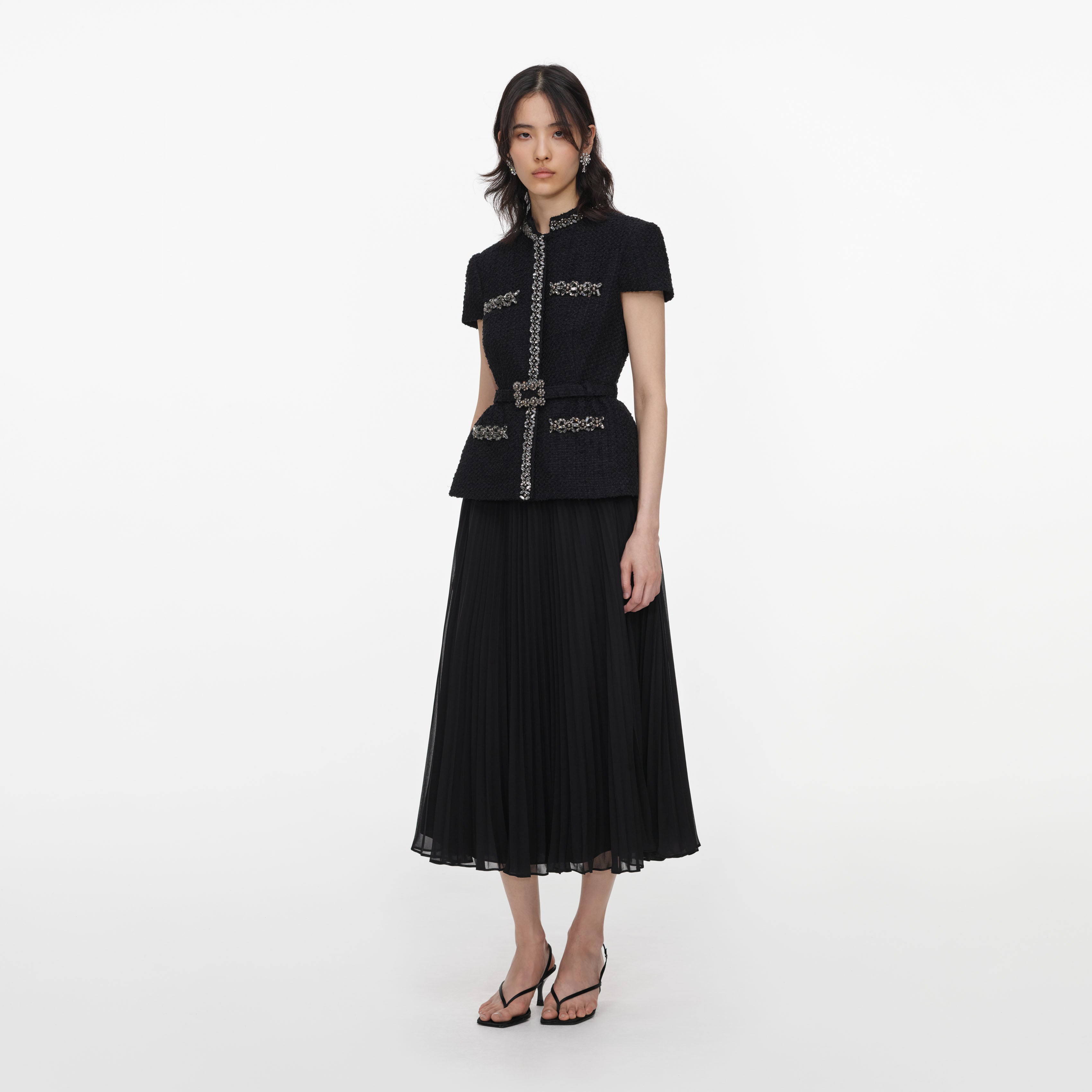 Self Portrait Black Boucle Crystal Midi Kleid Schwarz UK 10 Chiffon