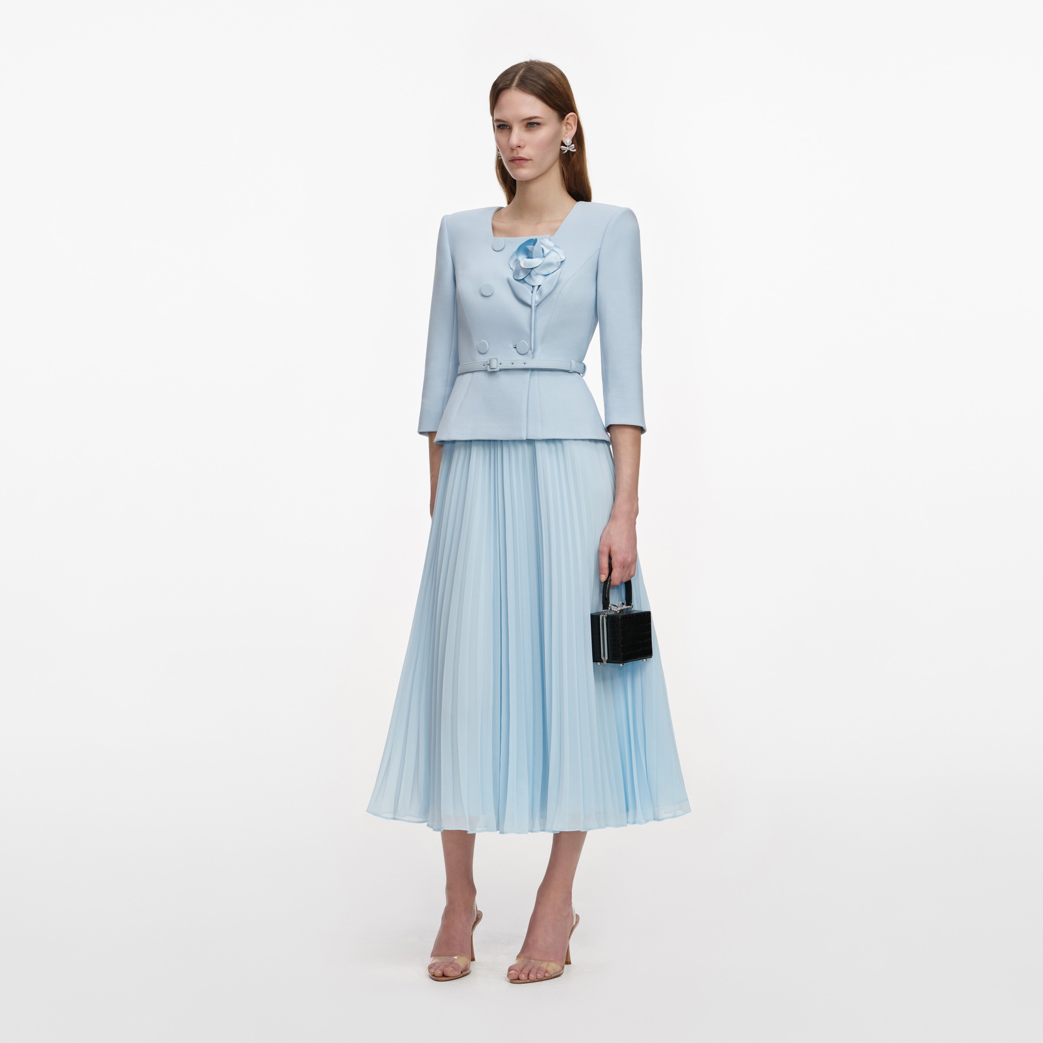 Self Portrait 3D Flower Chiffon Midi Kleid Blau