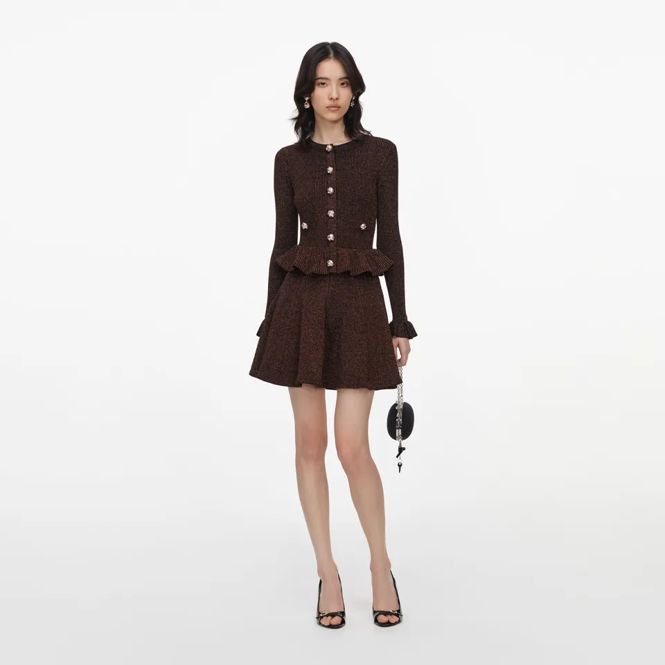 Self Portrait Dresses Brown Lurex Peplum Strick-Minikleid Braun S
