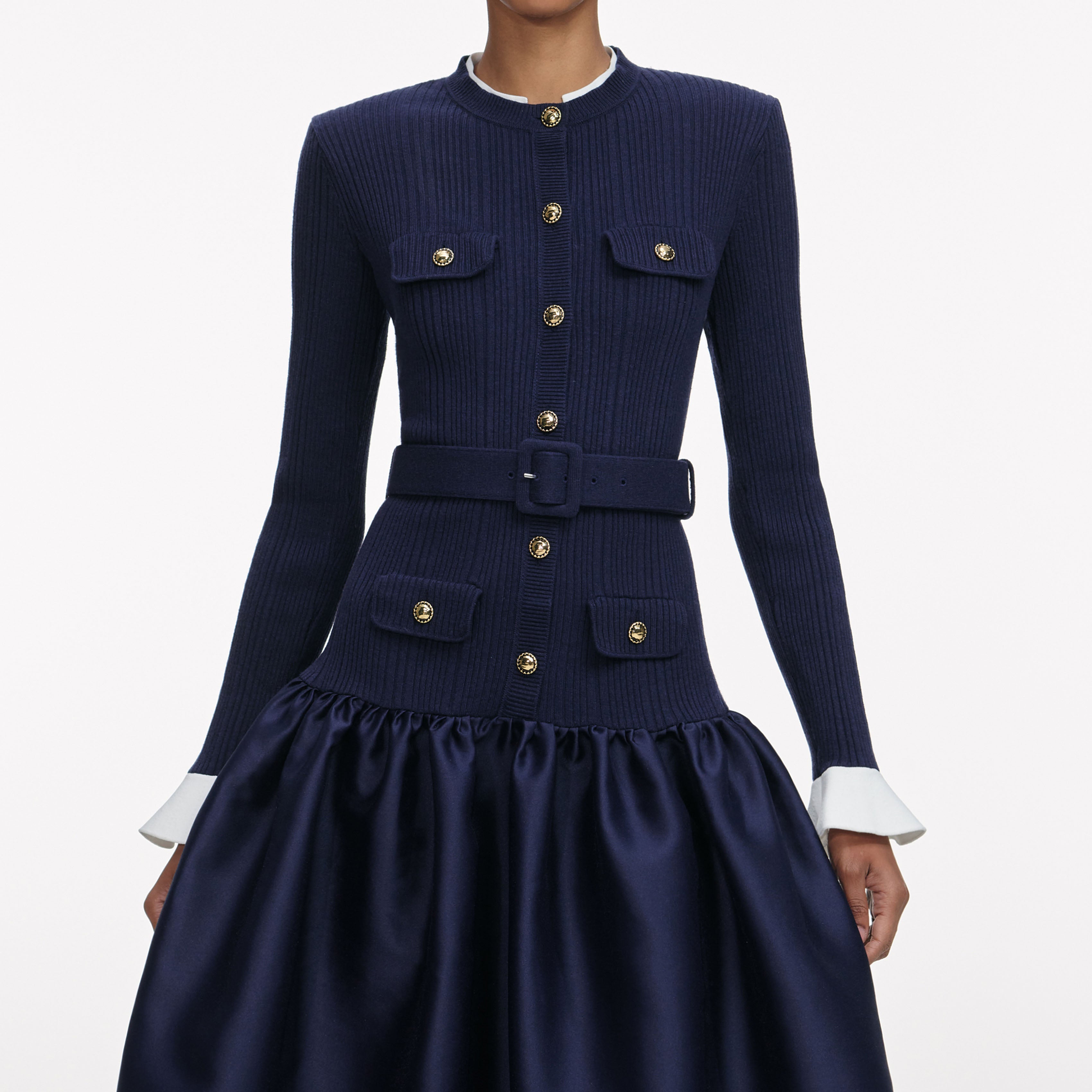 Self Portrait Navy Knit Midikleid Blau Taft Goldknöpfe