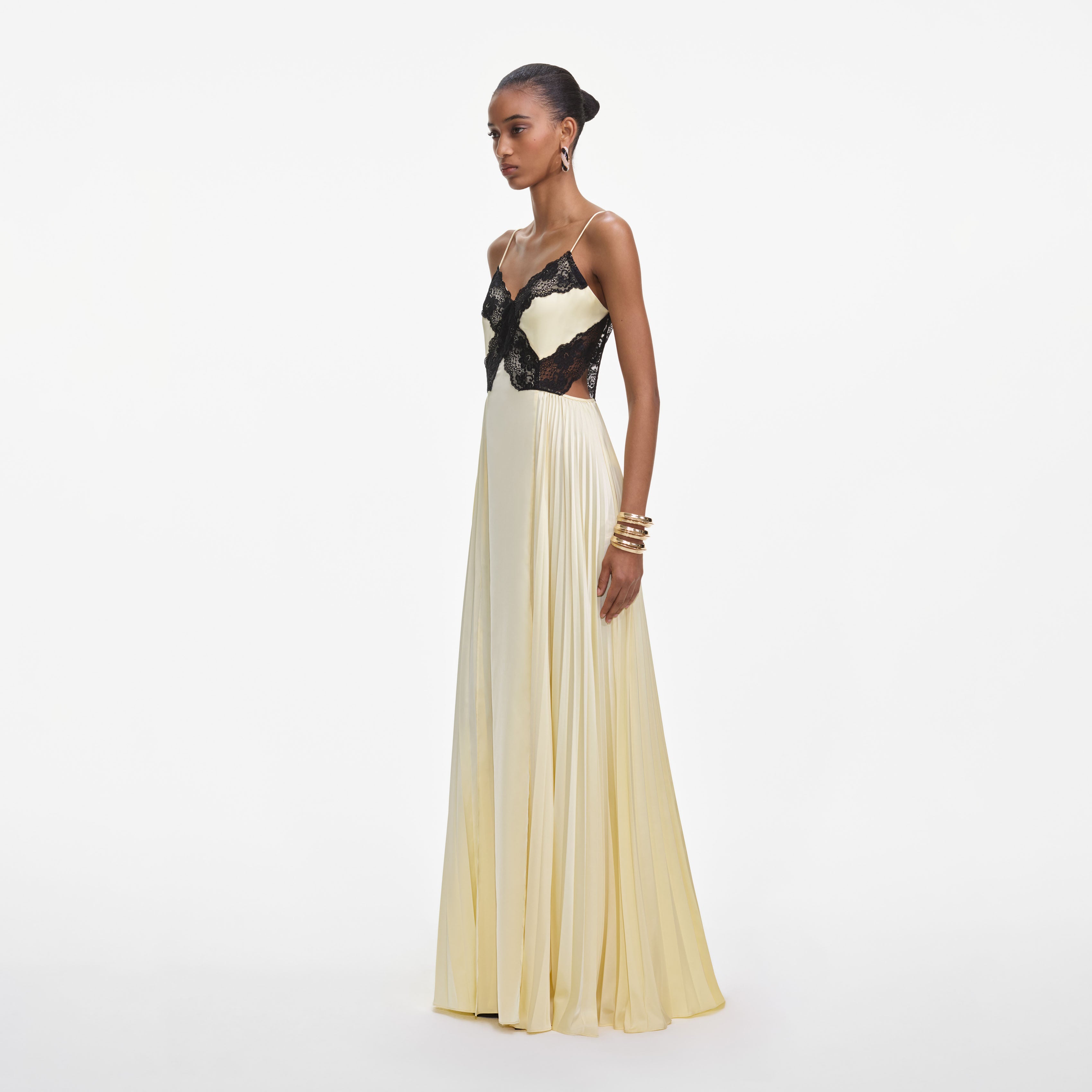 Self Portrait Yellow Satin Lace Maxi Kleid Gelb UK 6