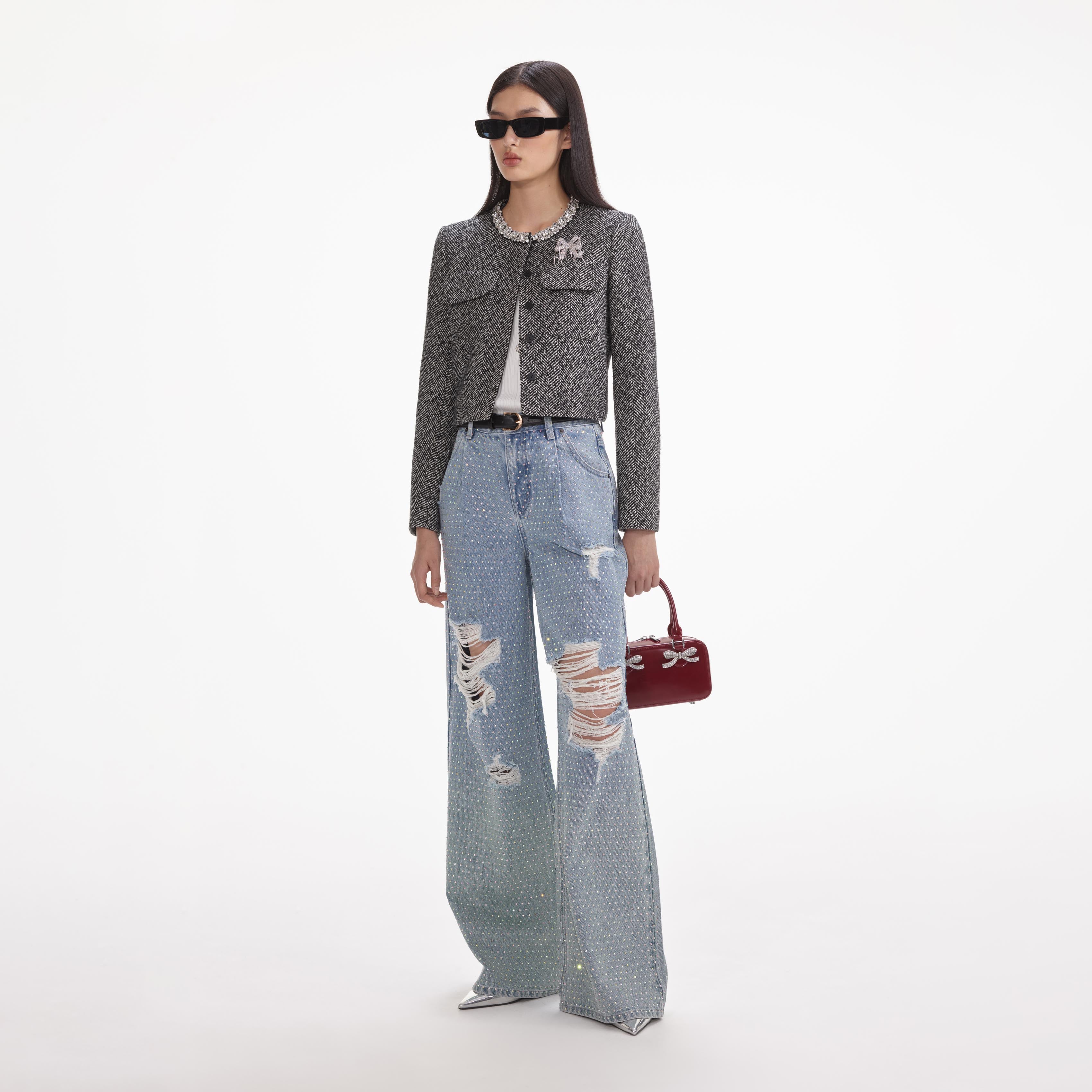 Self Portrait Rhinestone Ombre Distressed Jeans Blau Strass