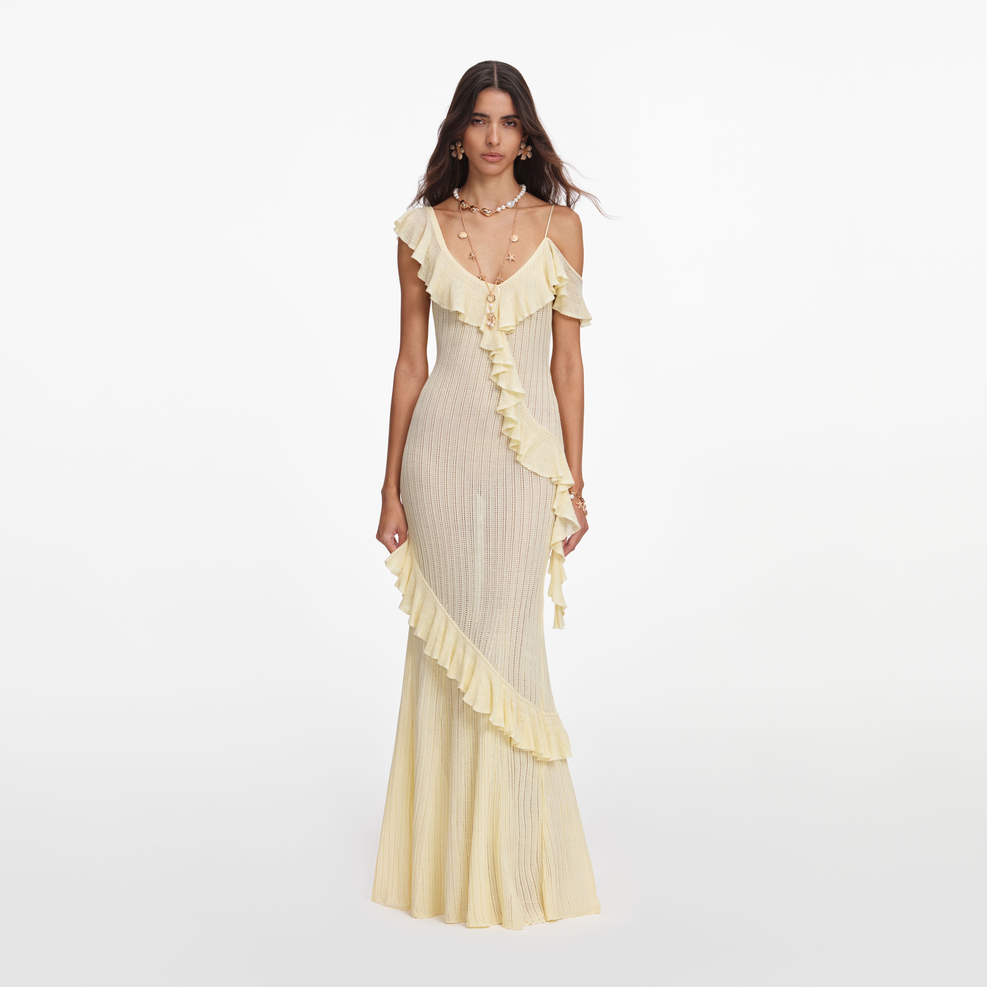 Self Portrait Yellow Ruffle Knit Maxi Dress Kleid Gelb Rückenfrei