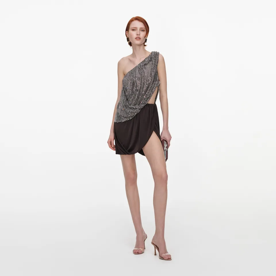 Self Portrait Rhinestone One Shoulder Drape Mini Kleid Braun UK 8