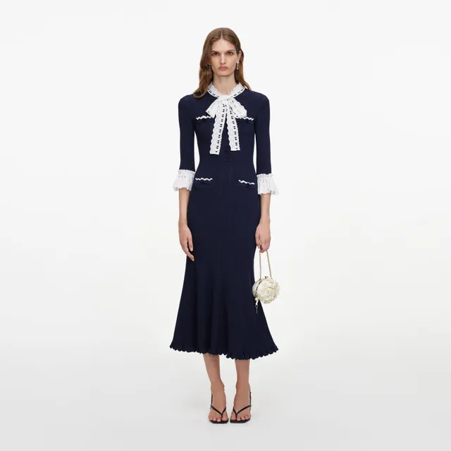 Self Portrait Navy Pointelle Midi Strickkleid Blau Spitze
