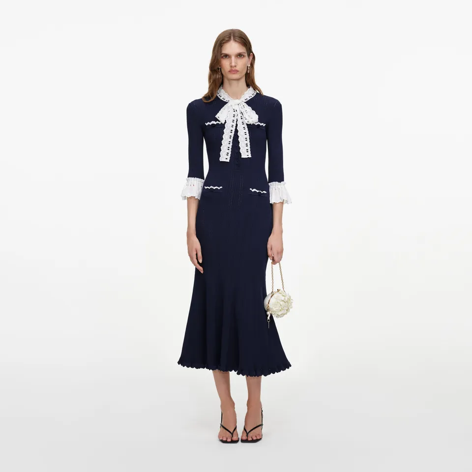 Self Portrait Navy Pointelle Midi Strickkleid Blau Spitze