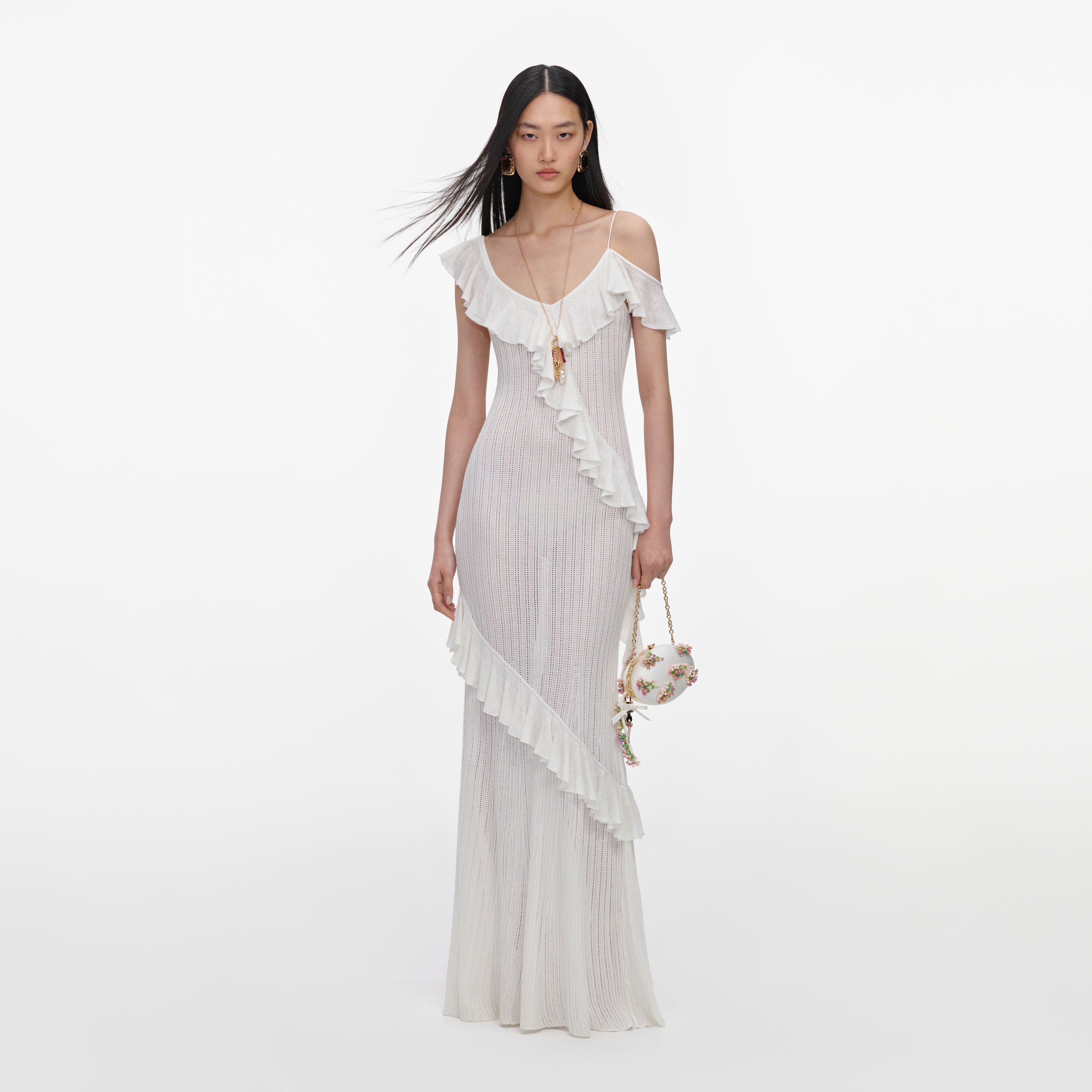 Self Portrait White Ruffle Knit Maxi Kleid Weiß
