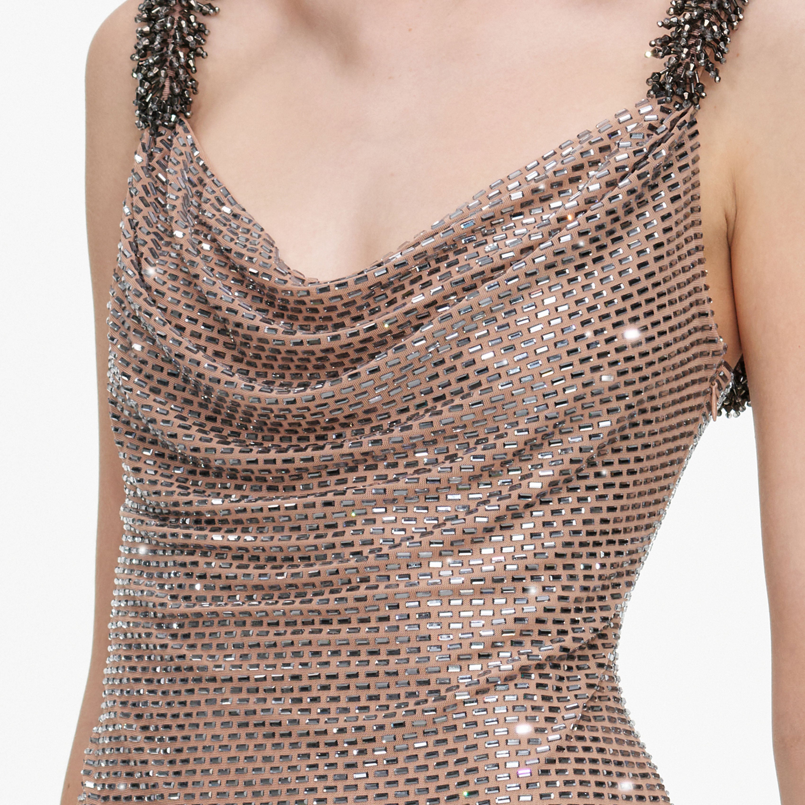 Self Portrait Rhinestone Minikleid Tan Strass Cowl
