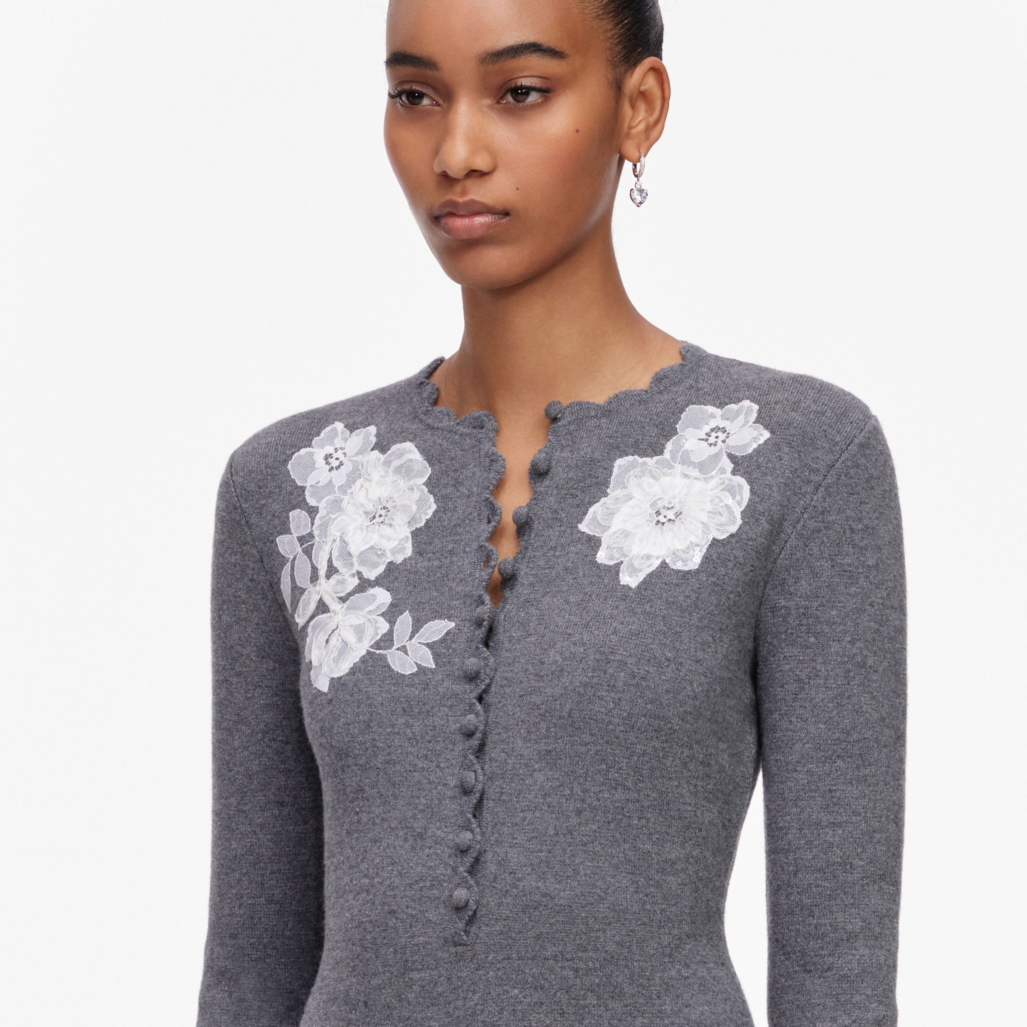 Self Portrait Grey Lace Flower Knit Mini Dress Strickkleid XS-L