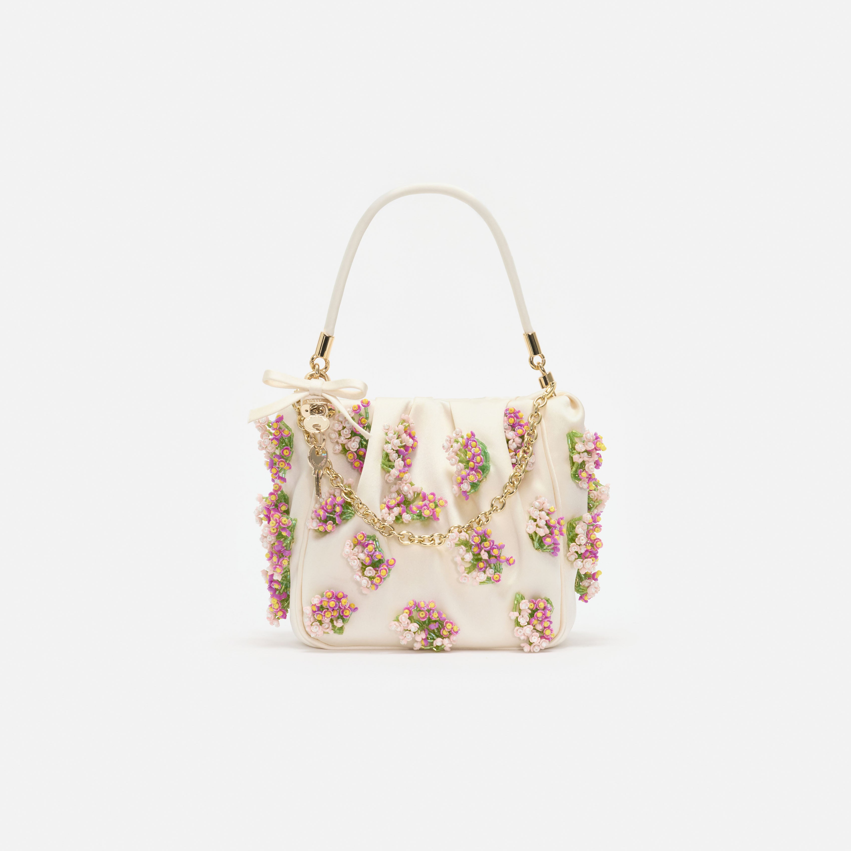 Self Portrait Floral Beaded Tote Bag Satin Creme One Size