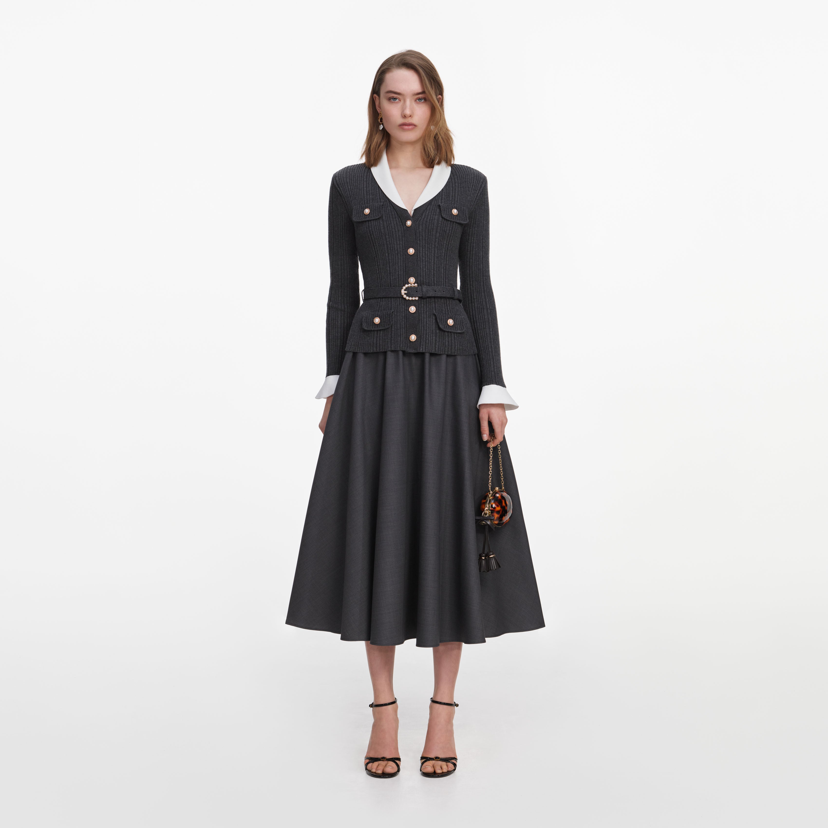 Self Portrait Knit Twill Midi Kleid grau mit Gürtel