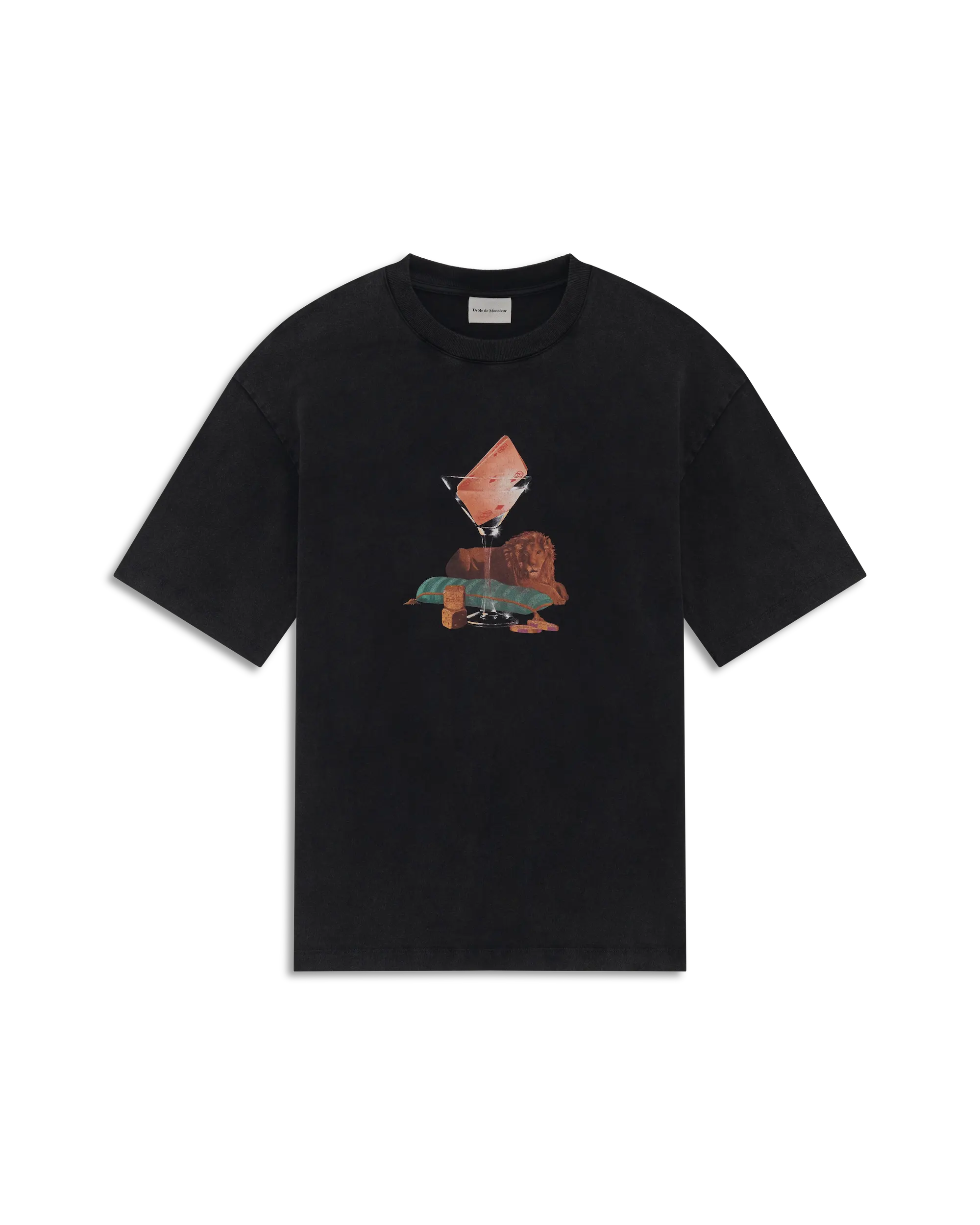 Drôle De Monsieur Washed Glass Lion T-Shirt Schwarz Baumwolle