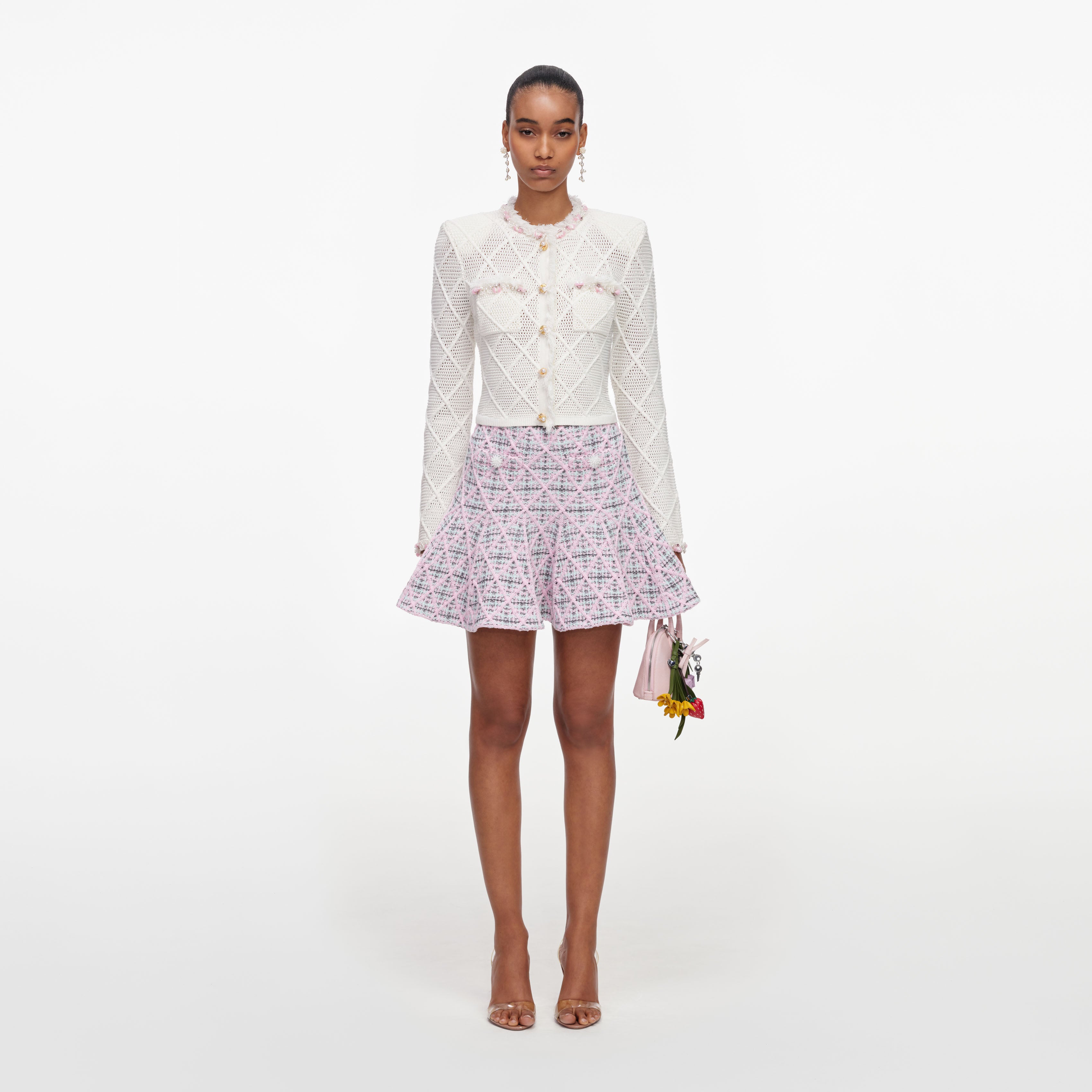 Self-Portrait Check Knit Minirock Rosa Karo Boucle