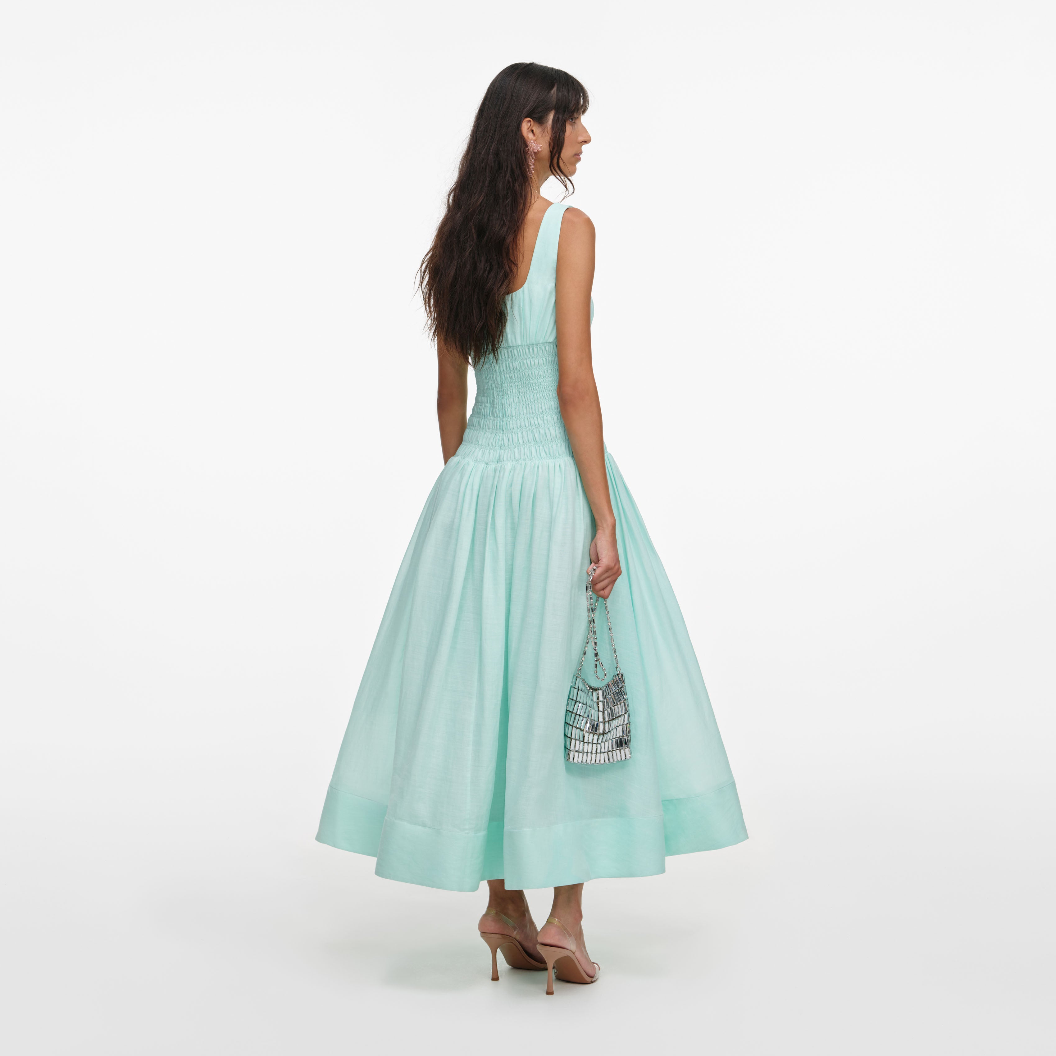 Self Portrait Midi Kleid Mint mit Raffung Drop Waist
