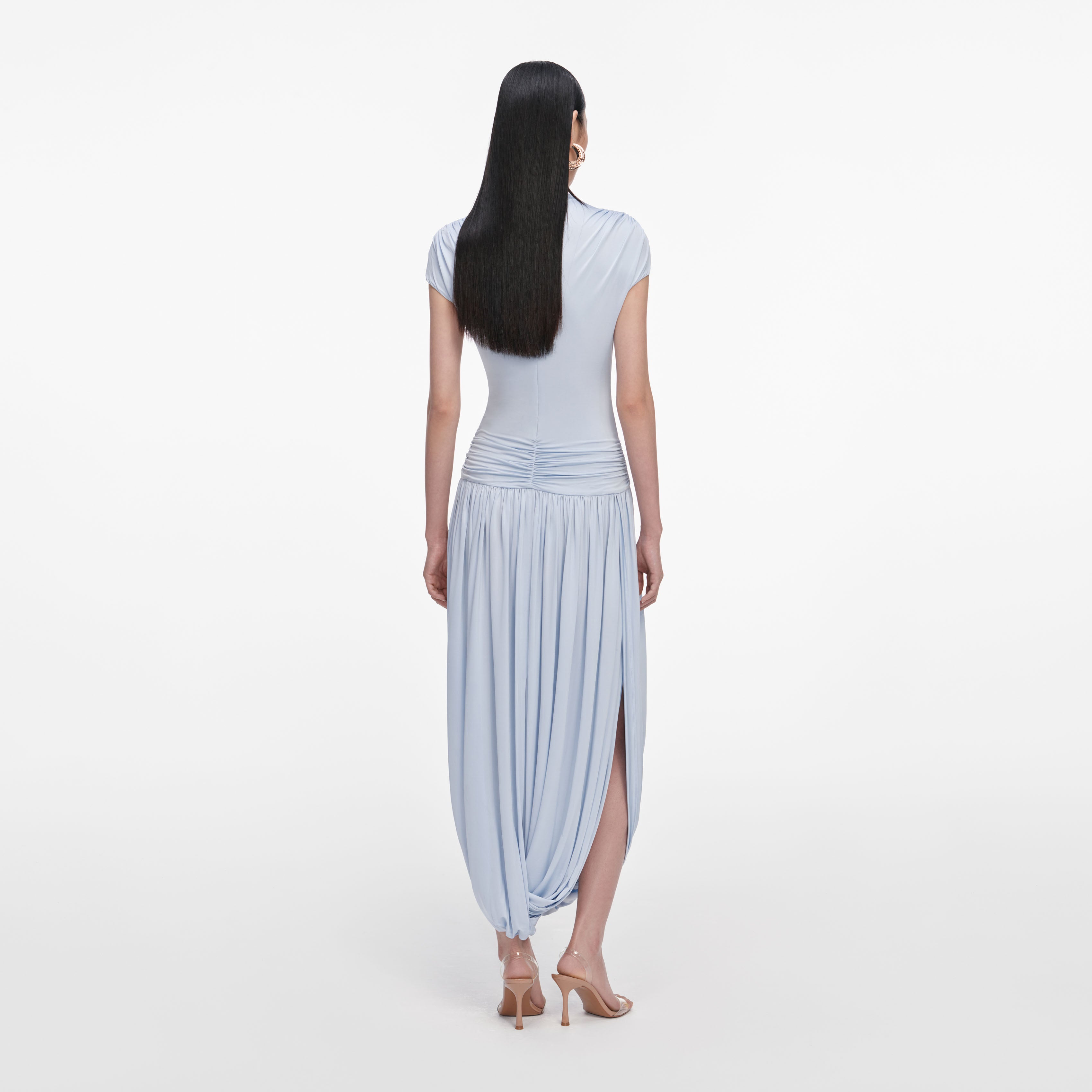 Self Portrait Blue Jersey Gathered Midi Kleid Blau Jersey