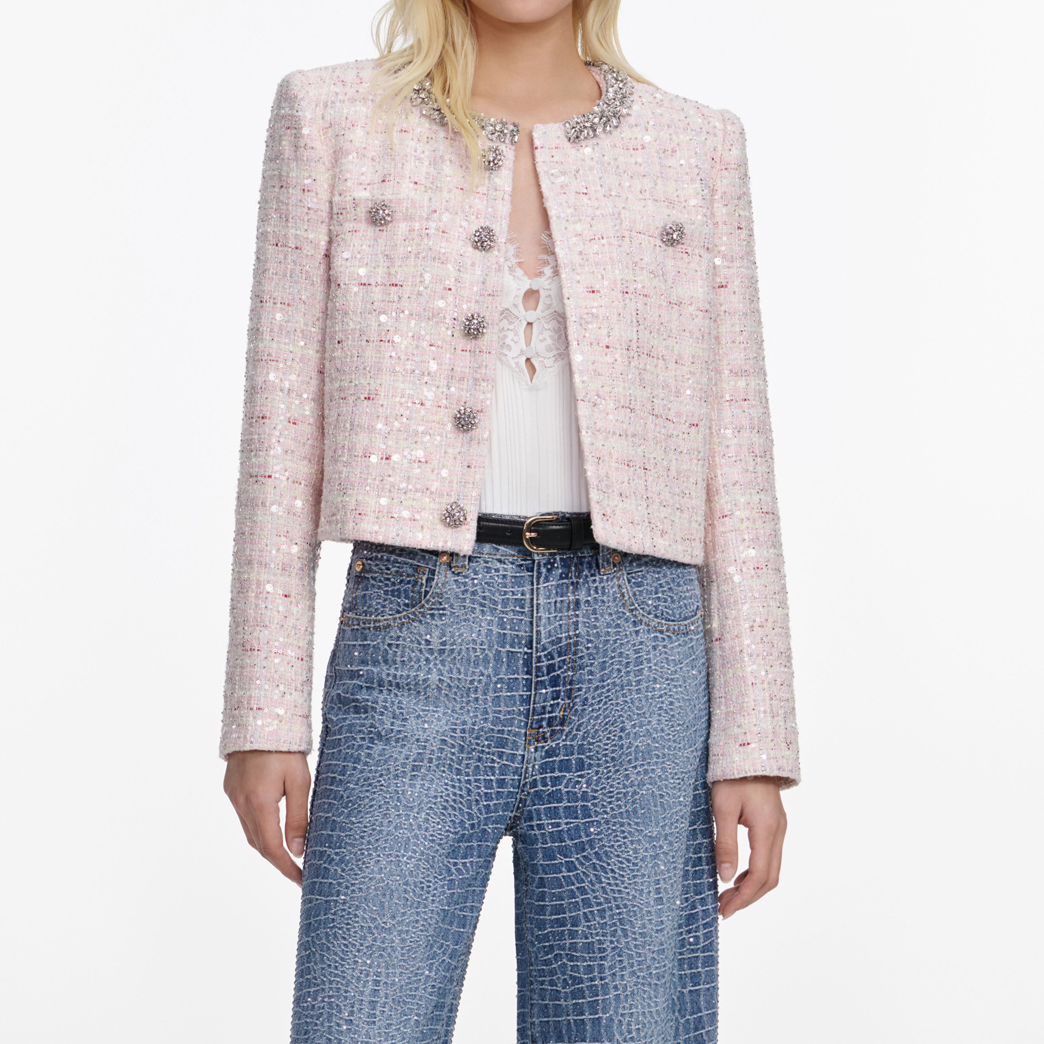 Self Portrait Pink Sequin Boucle Jacke Rosa UK 8 Pailletten