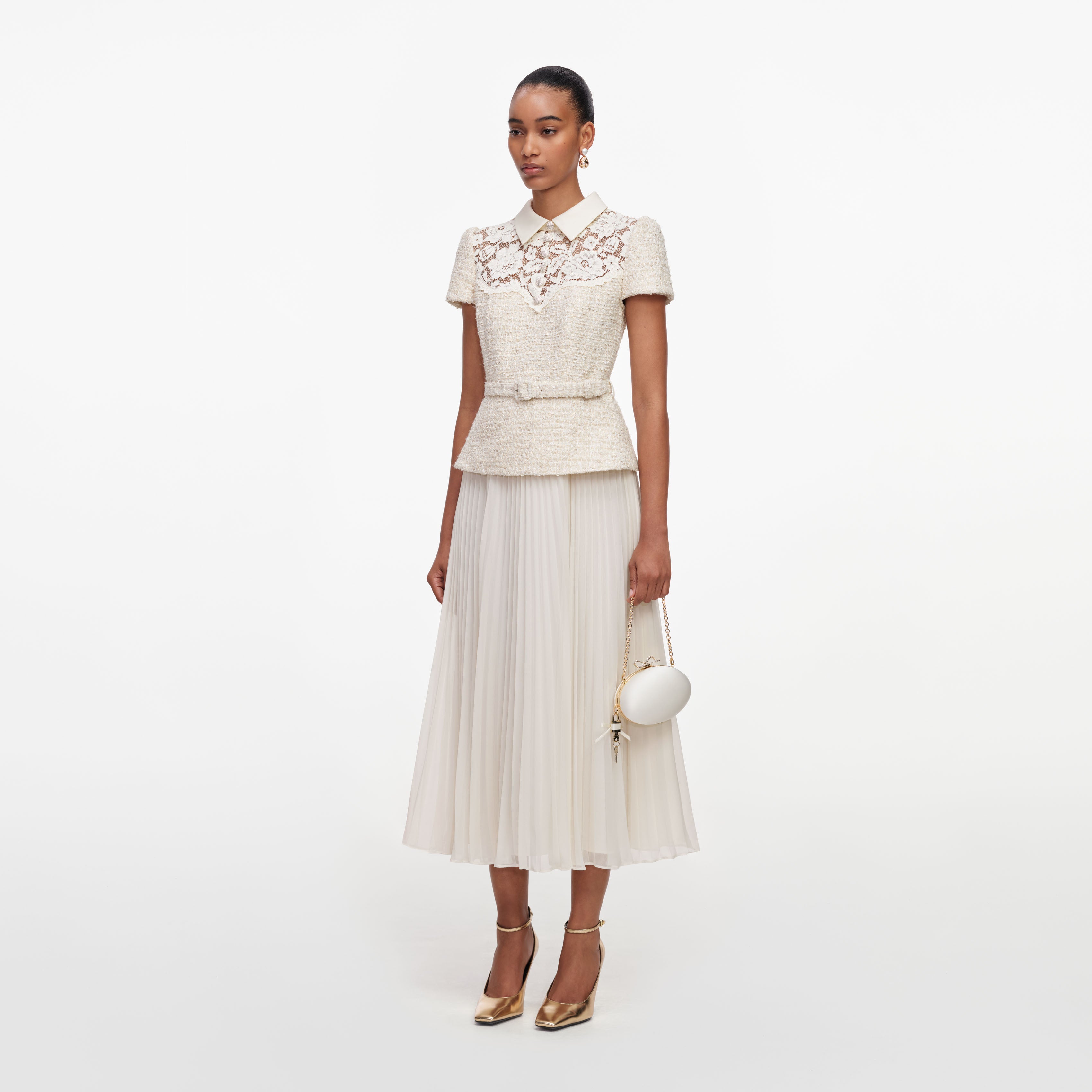Self Portrait Lace Boucle Midikleid creme A-Linie