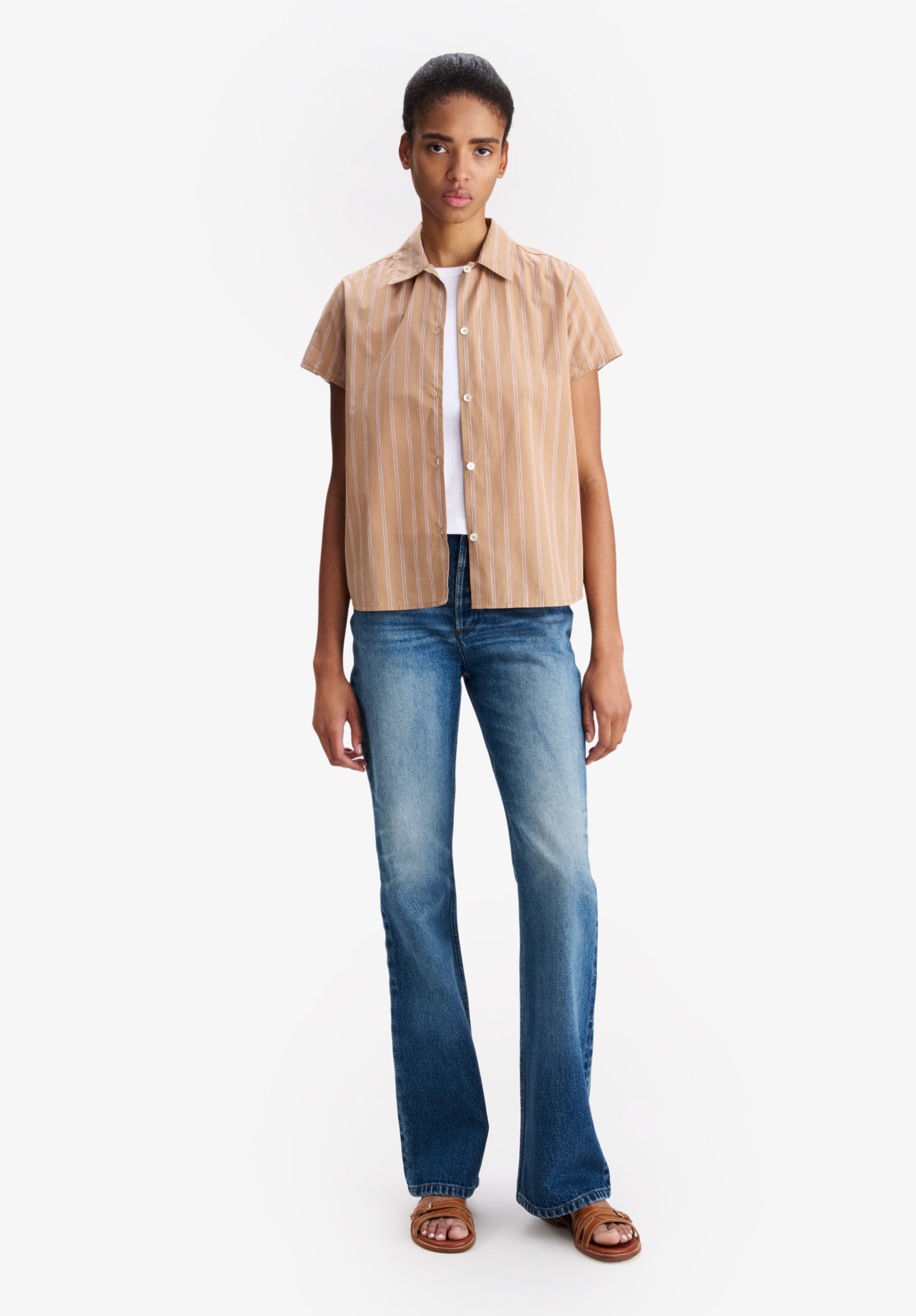 A.P.C. Gestreiftes Kurzarmhemd beige Bio-Baumwolle Oversize